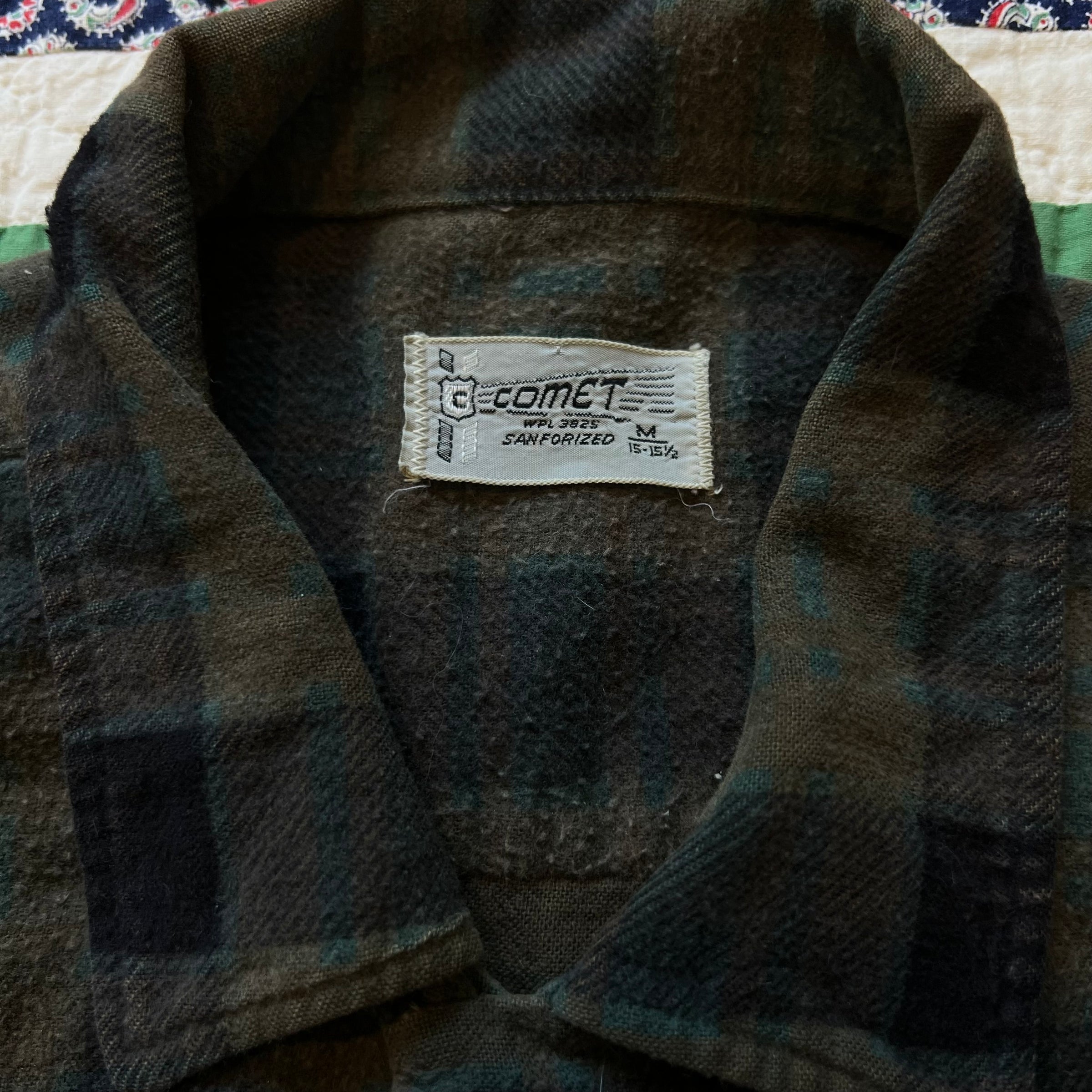 1950's Comet Dark Green Plaid Loop-Collar Cotton Flannel Shirt M/L