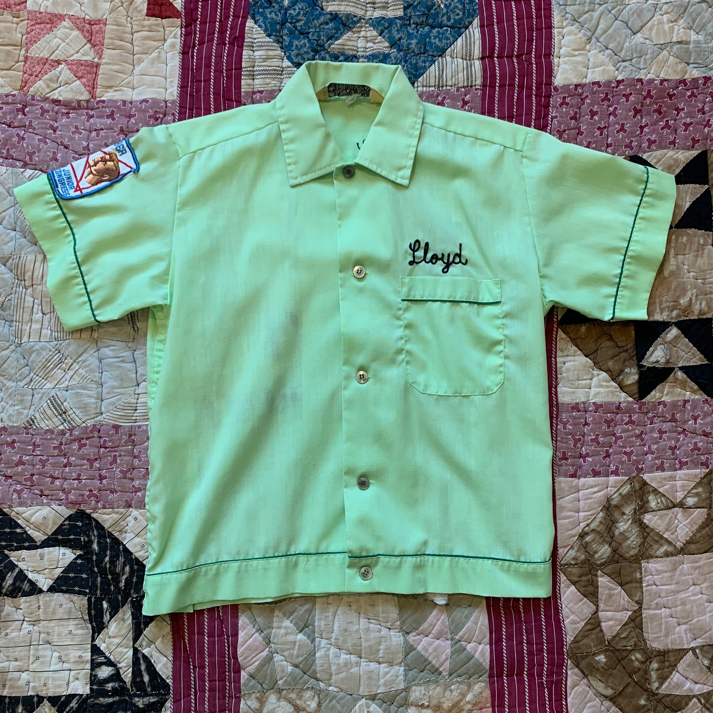 1960's Hinton Mint Green Chainstitched Bowling Shirt XS