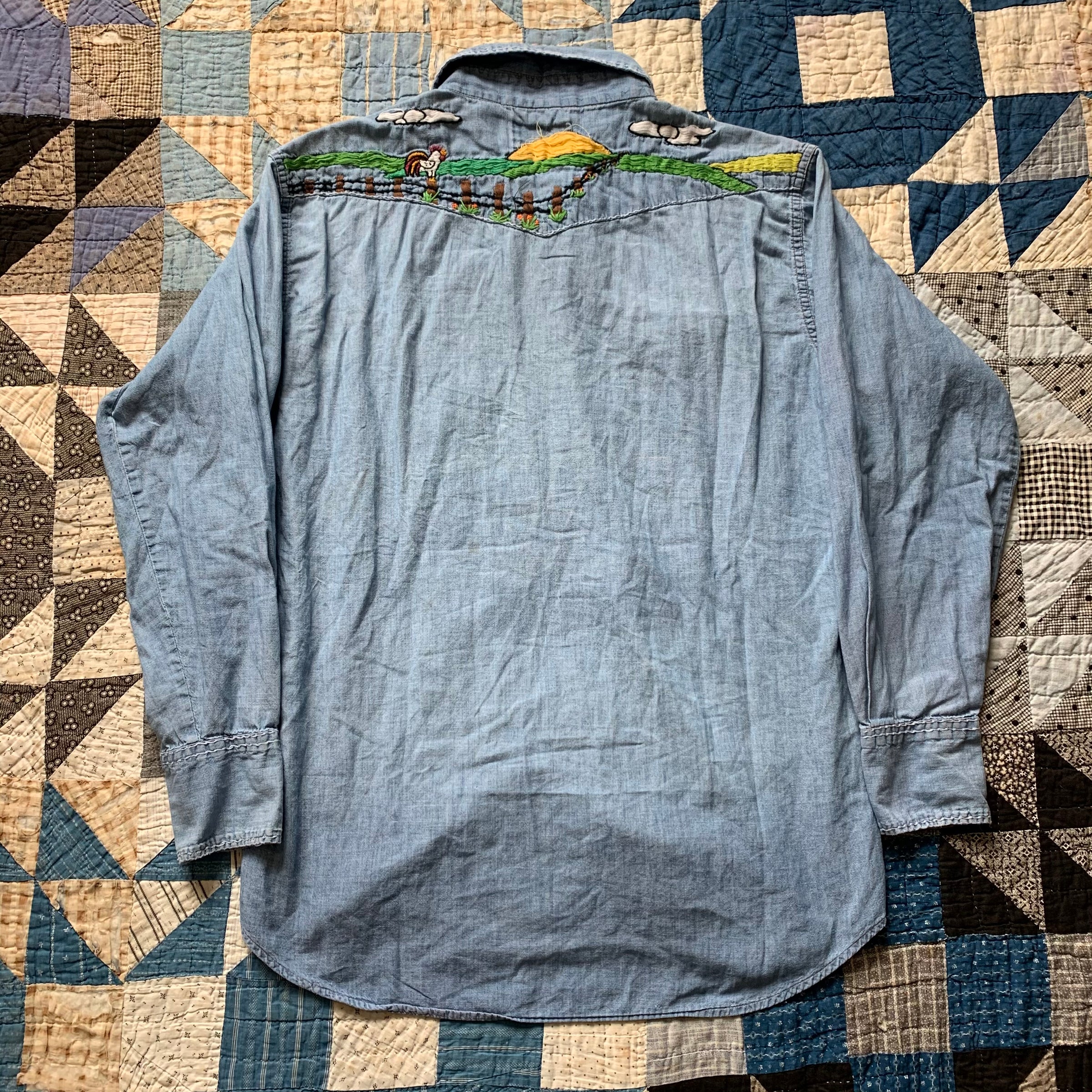 1960's/70's Wrangler Embroidered Chambray Pearl Snap Western Shirt Large