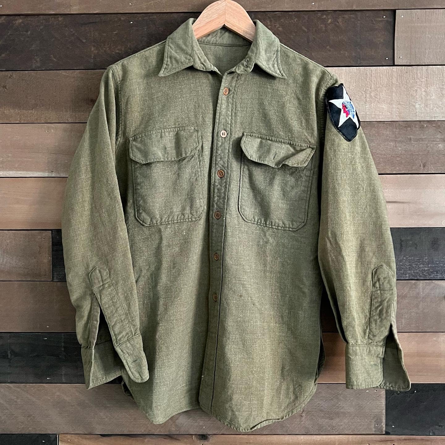 1940’s WWII US Army Wool Service Shirt with Theatre Made 2nd Infantry Patch S/M