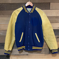 1950's/1960's Blue and Gold Varsity Jacket with Leather Sleeves Medium