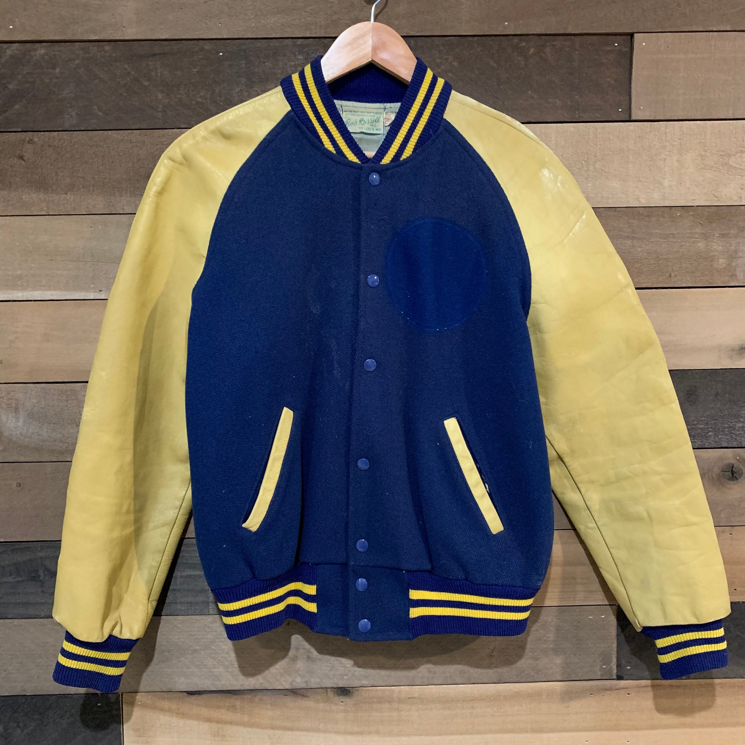 1950's/1960's Blue and Gold Varsity Jacket with Leather Sleeves Medium
