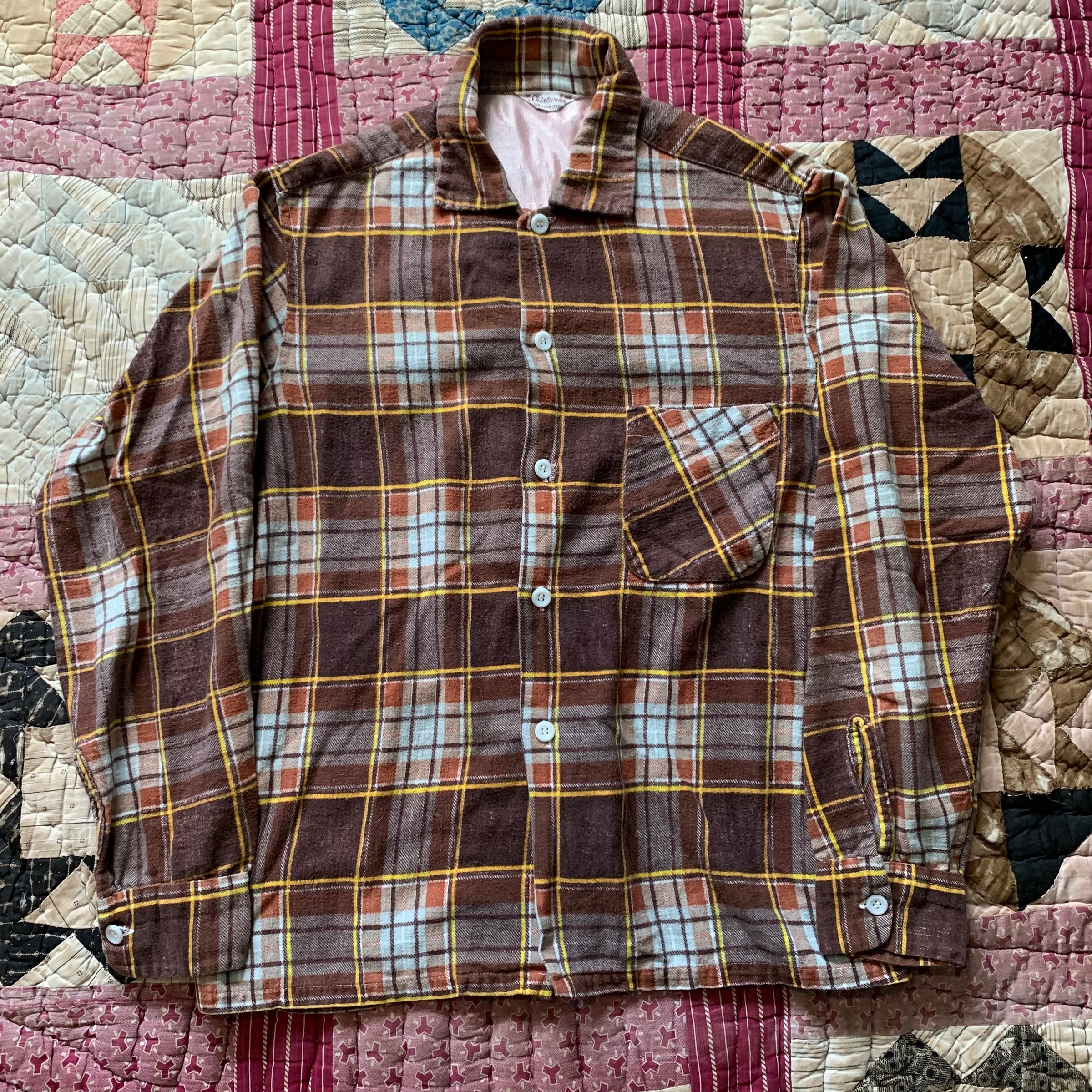 1950's Shirtwear Brown Plaid Sanforized Cotton Flannel Small