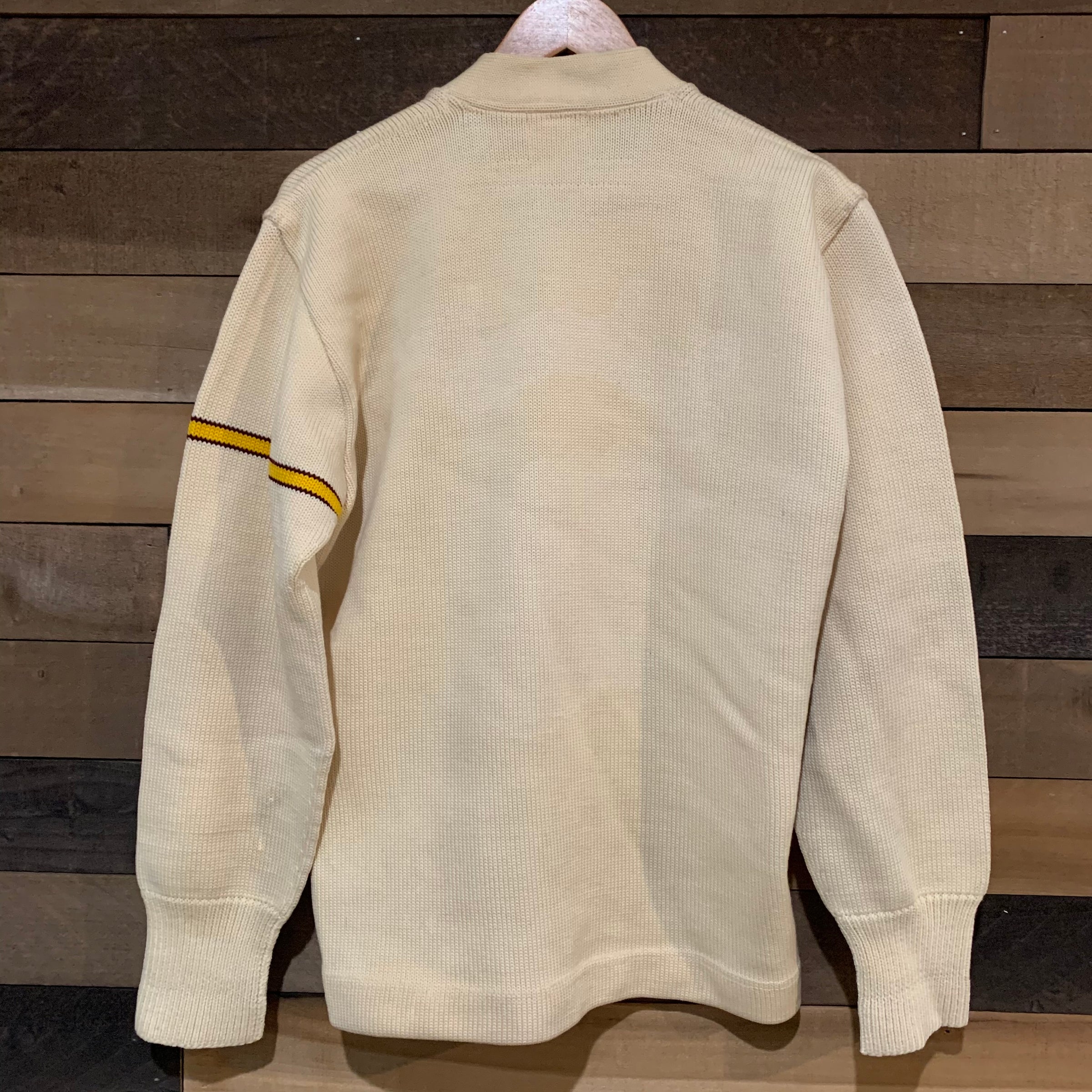 1940's/1950's Cream Varsity Cardigan with Yellow/Burgundy Accents M/L
