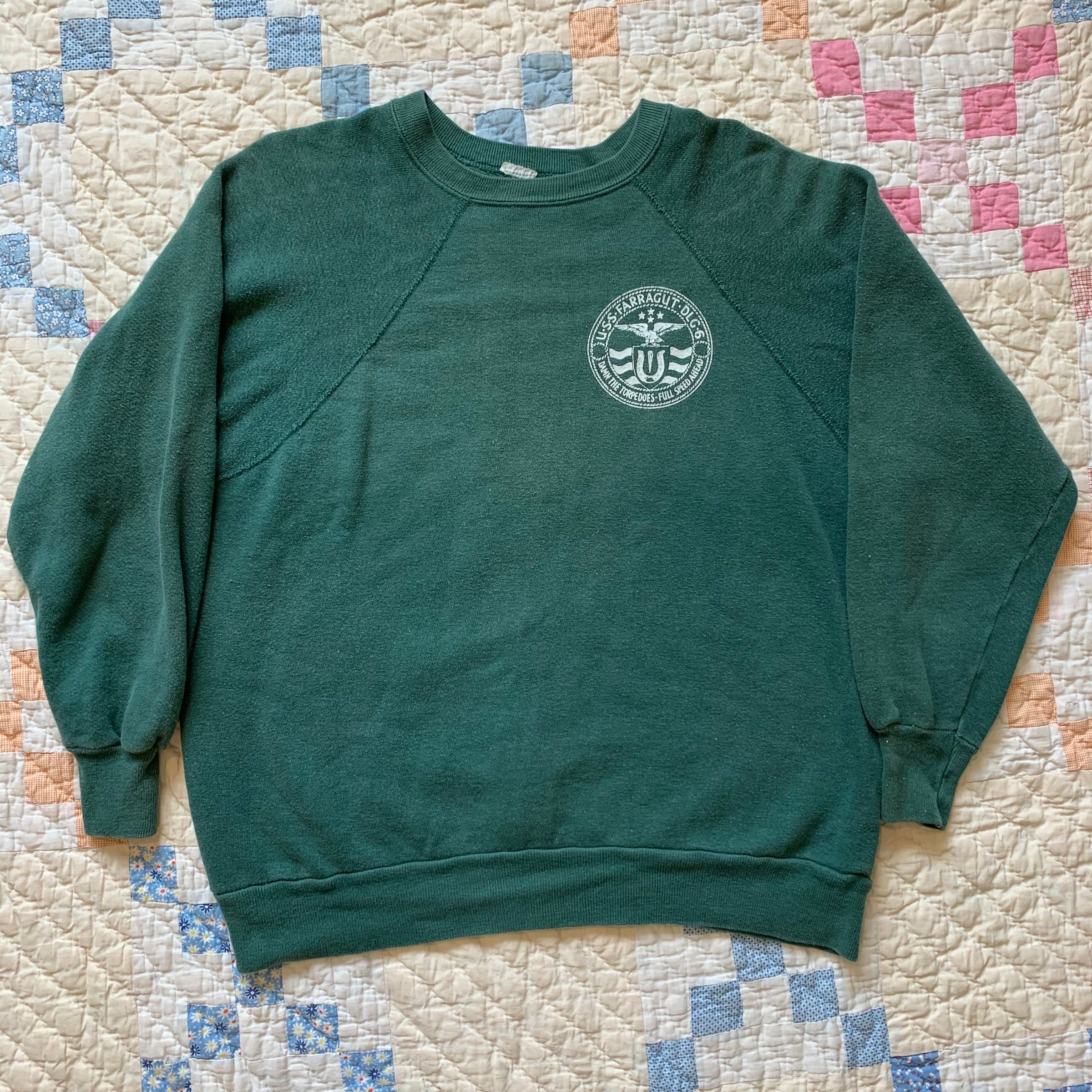 1960's/70's Forest Green USN Guided Missile Destroyer Raglan Sweatshirt S/M