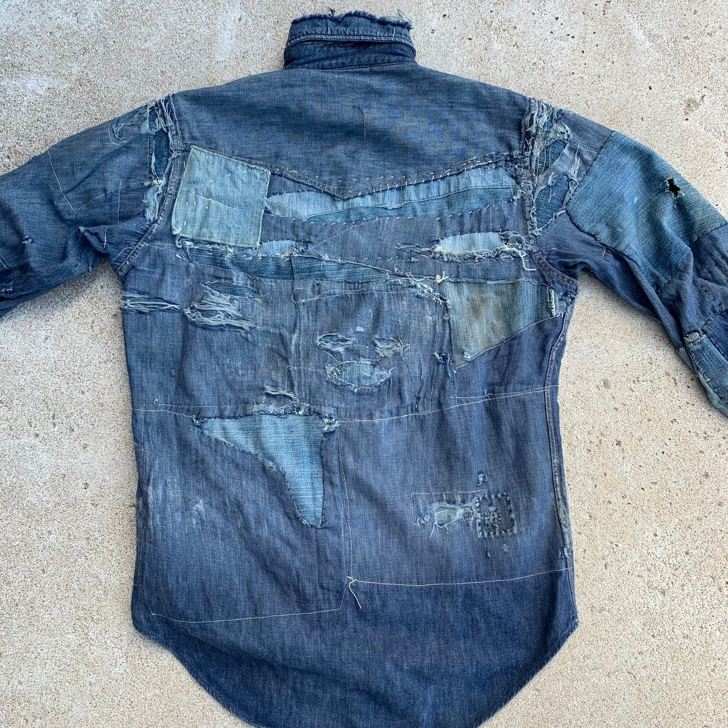 1950's Roebucks Patchwork Denim Western Shirt Medium