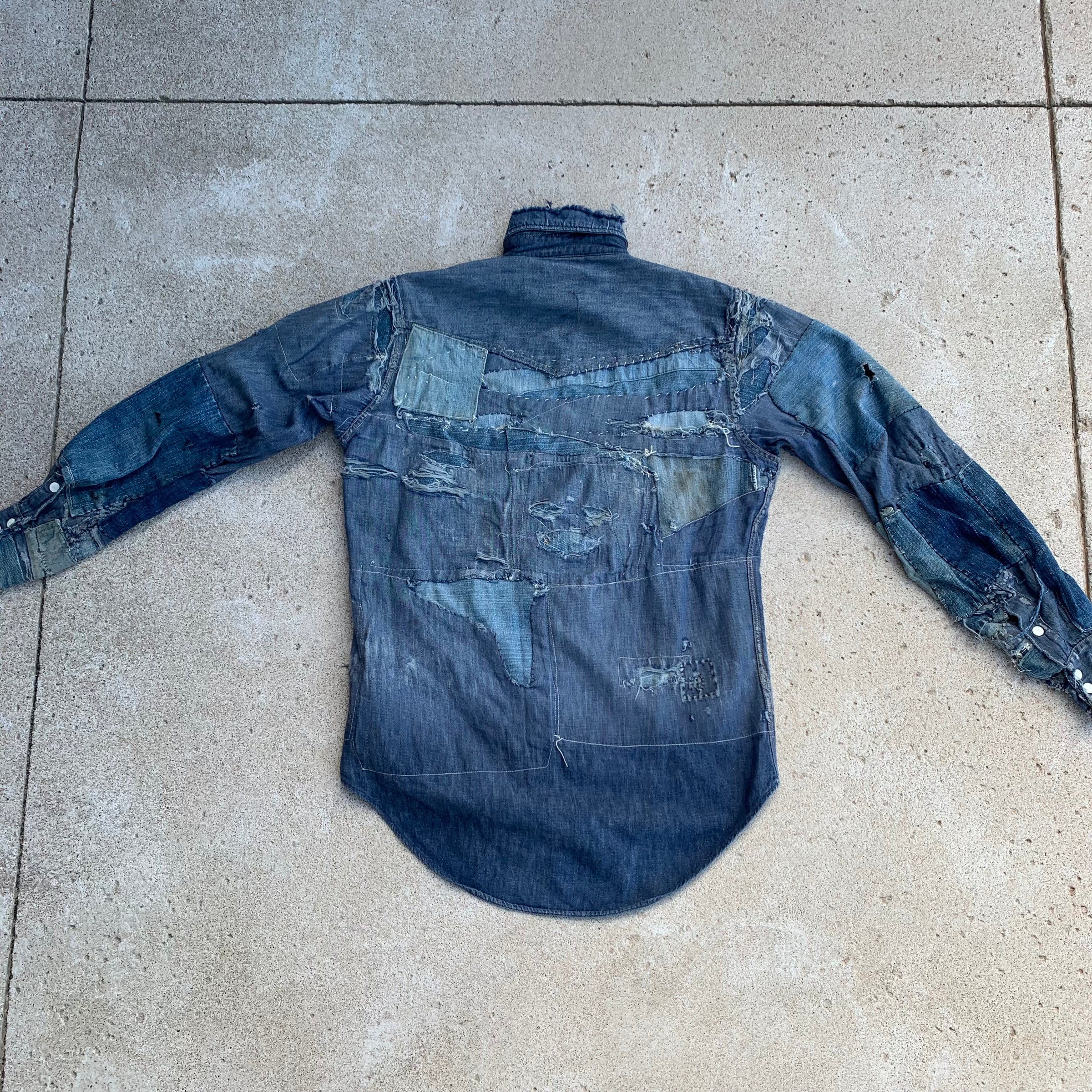 1950's Roebucks Patchwork Denim Western Shirt Medium
