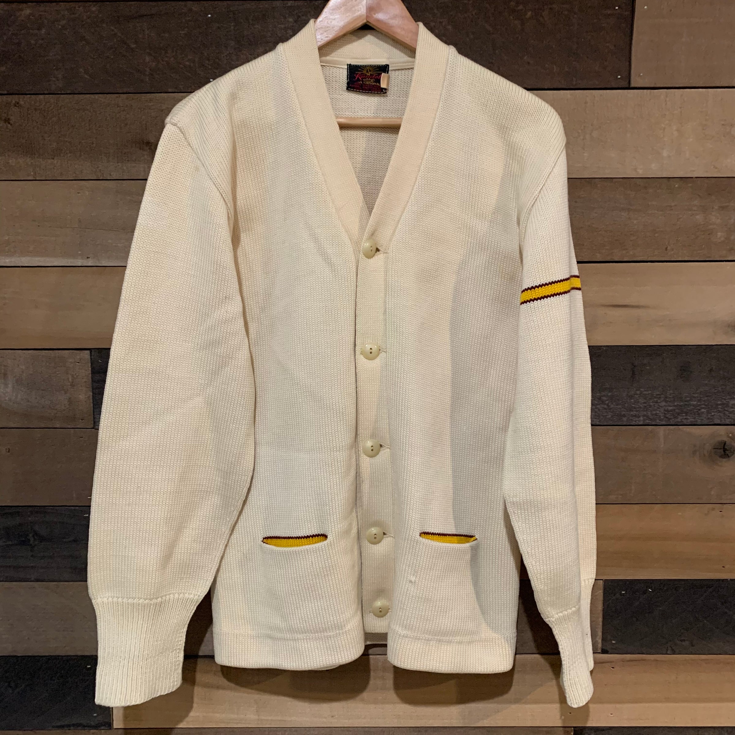1940's/1950's Cream Varsity Cardigan with Yellow/Burgundy Accents M/L