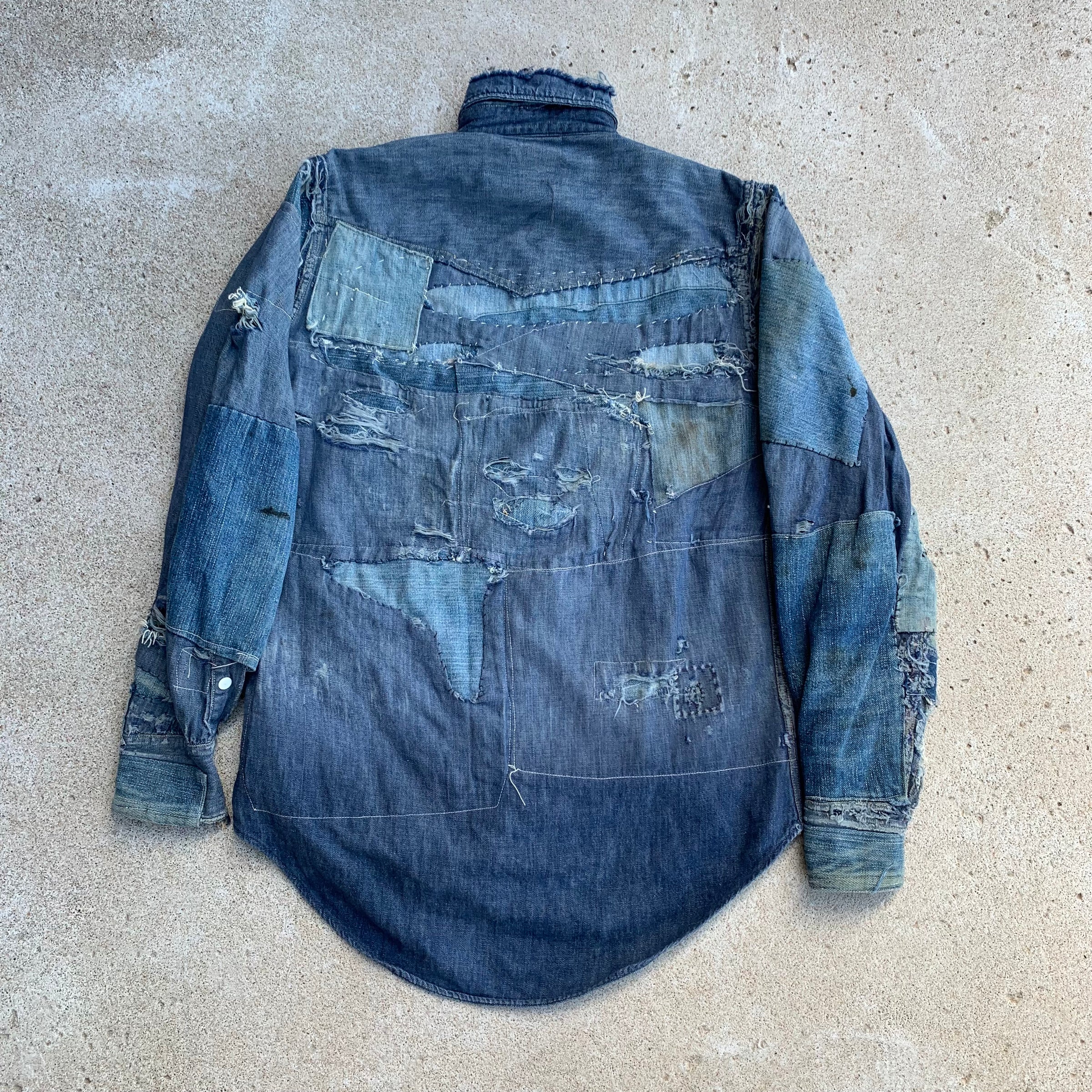 1950's Roebucks Patchwork Denim Western Shirt Medium