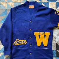 1950's Deep Blue Bulldog Patch Varsity Cardigan Sweater Medium