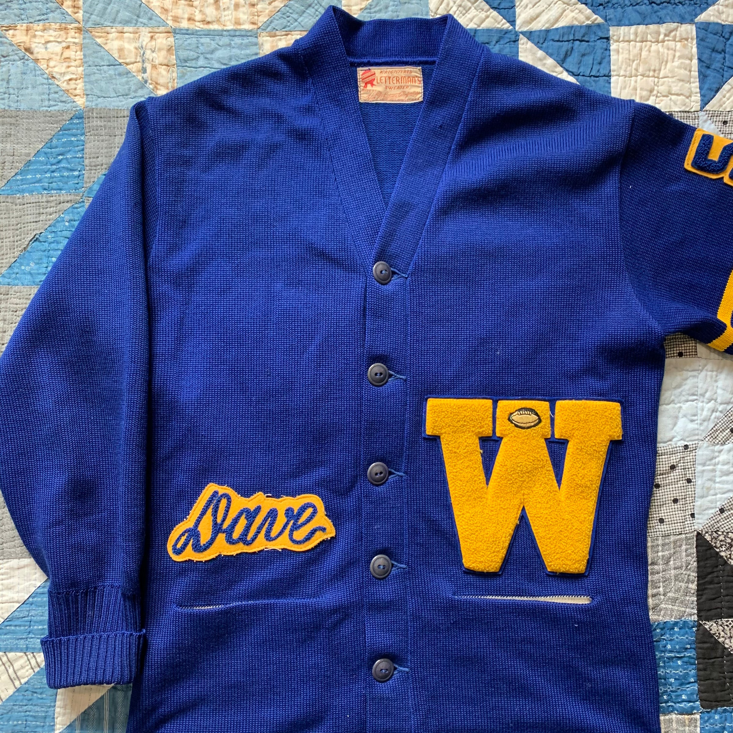 1950's Deep Blue Bulldog Patch Varsity Cardigan Sweater Medium