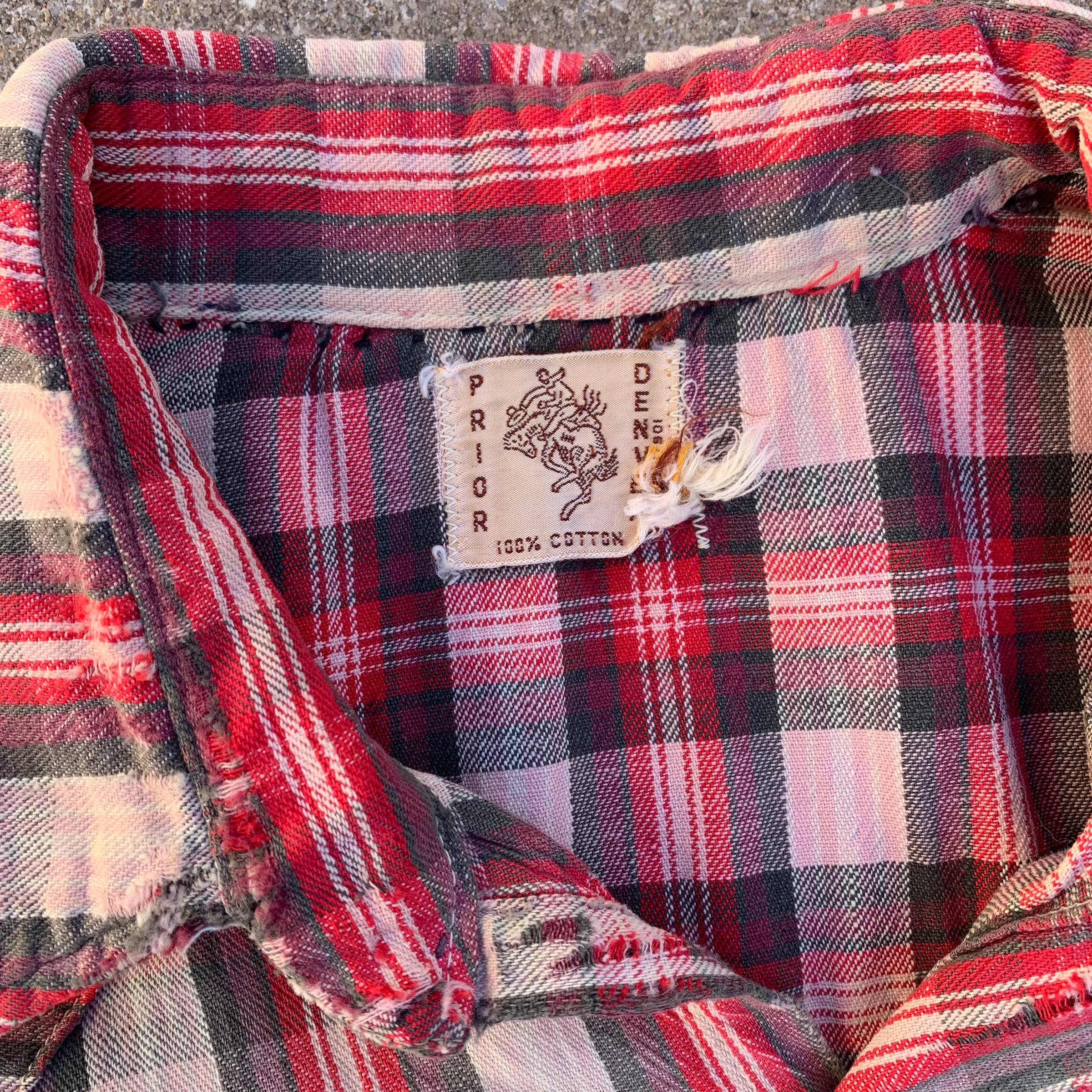 1950’s Prior Red Plaid Repaired Western Cotton Flannel Shirt Large