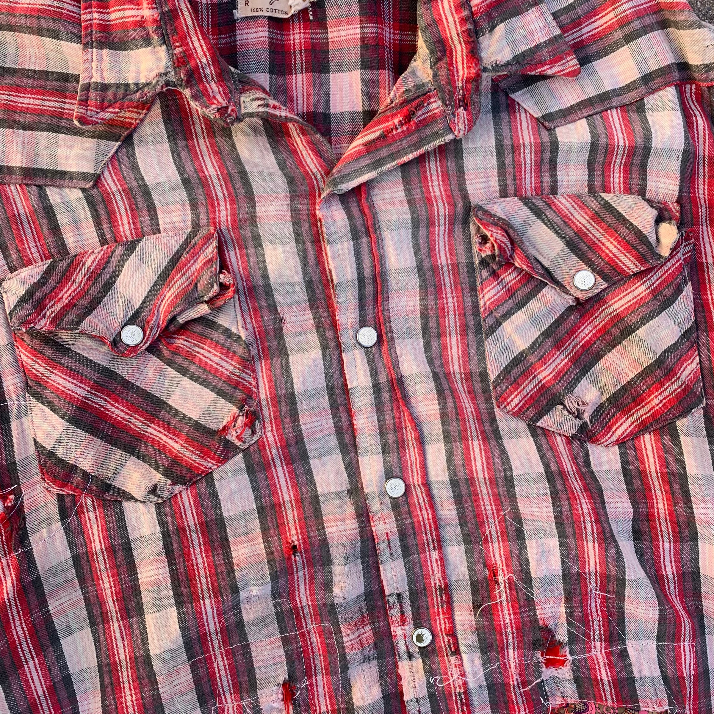 1950’s Prior Red Plaid Repaired Western Cotton Flannel Shirt Large