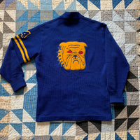 1950's Deep Blue Bulldog Patch Varsity Cardigan Sweater Medium