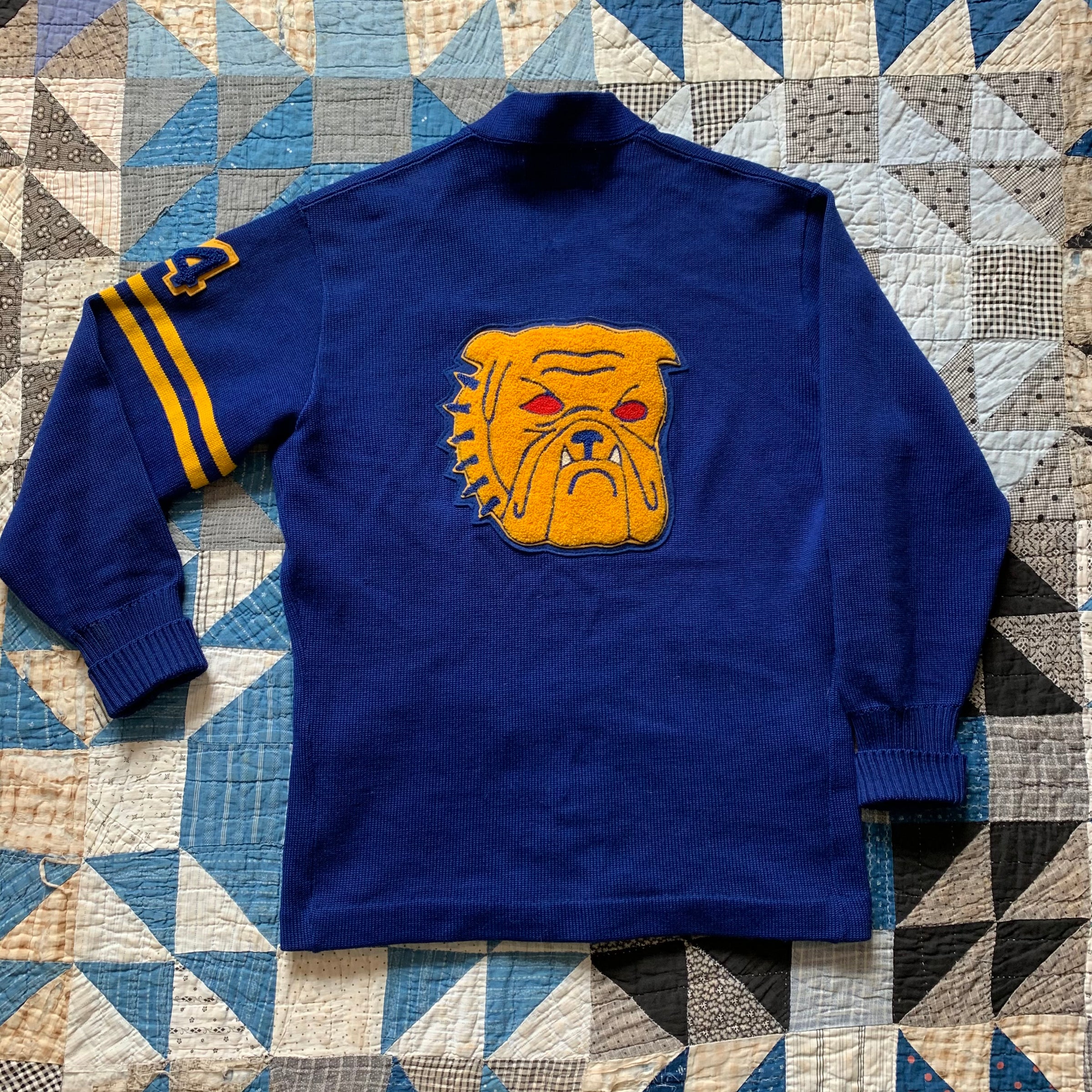 1950's Deep Blue Bulldog Patch Varsity Cardigan Sweater Medium