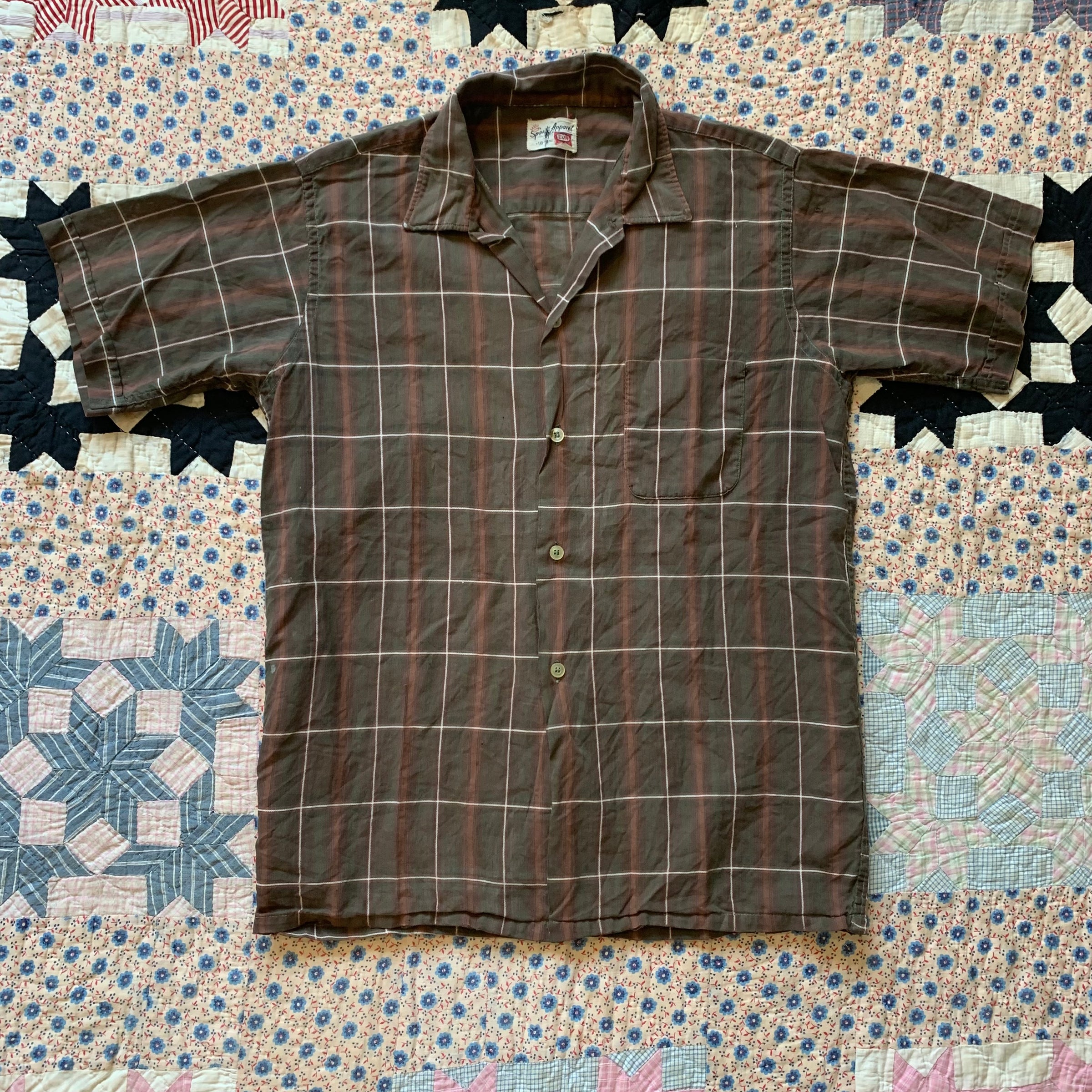 1960's Brown Plaid Short Sleeve Button Down Shirt Small