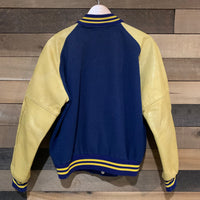 1950's/1960's Blue and Gold Varsity Jacket with Leather Sleeves Medium