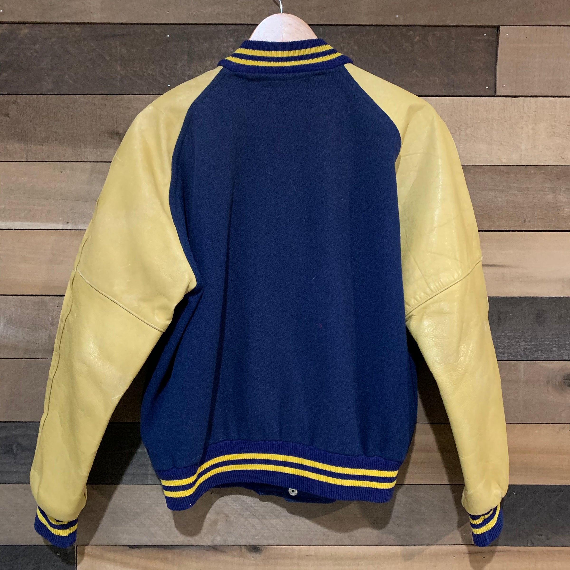 1950's/1960's Blue and Gold Varsity Jacket with Leather Sleeves Medium