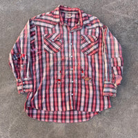 1950’s Prior Red Plaid Repaired Western Cotton Flannel Shirt Large