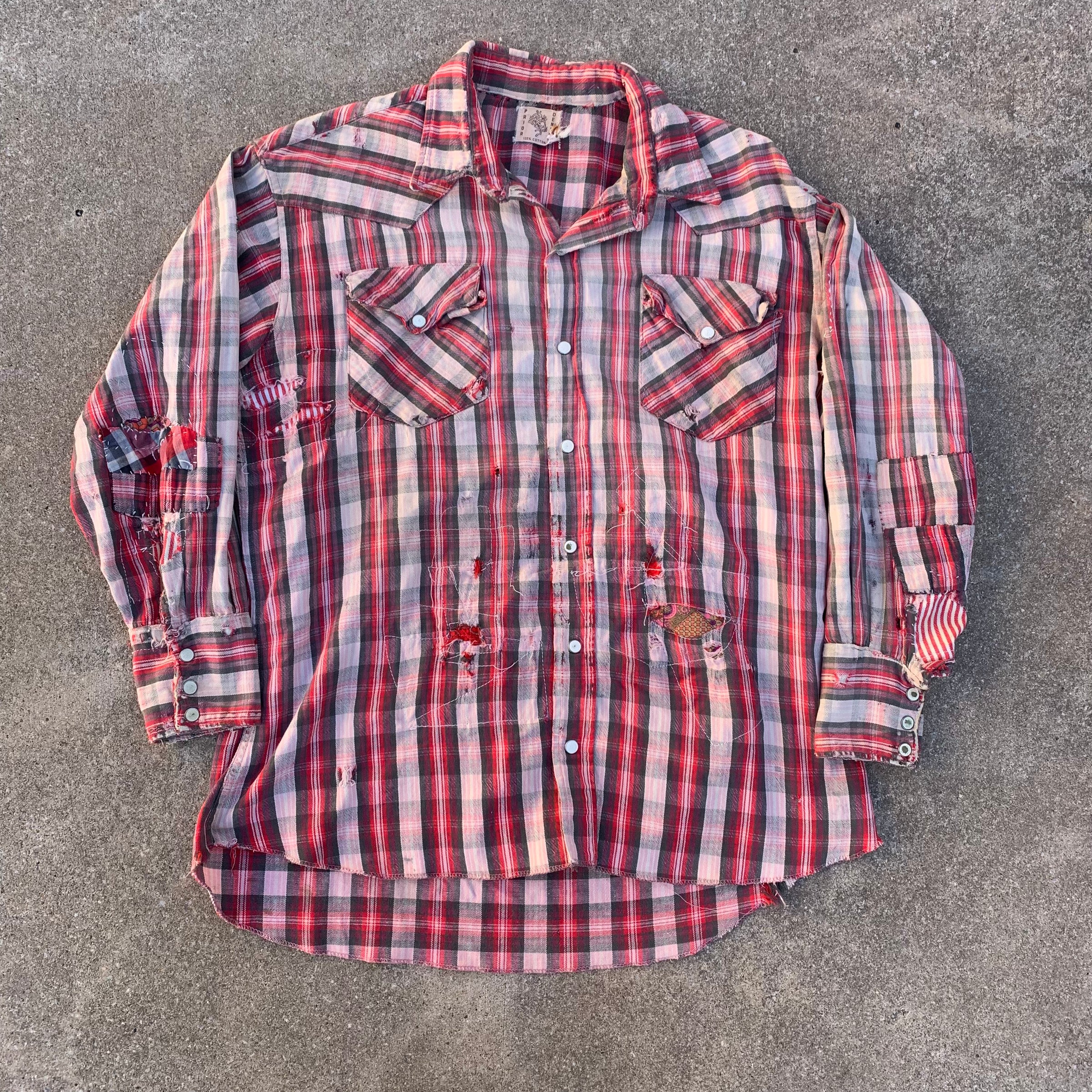 1950’s Prior Red Plaid Repaired Western Cotton Flannel Shirt Large