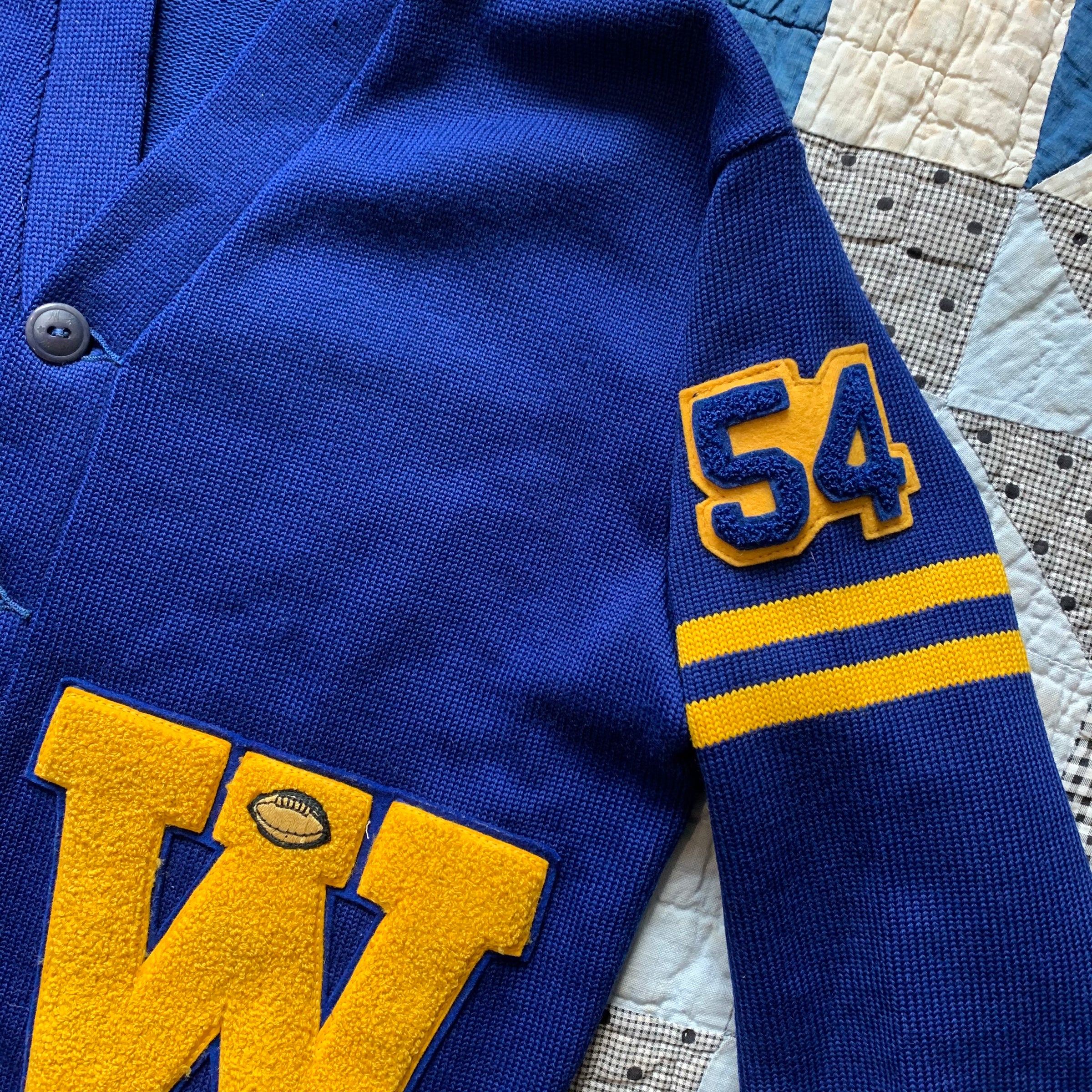 1950's Deep Blue Bulldog Patch Varsity Cardigan Sweater Medium