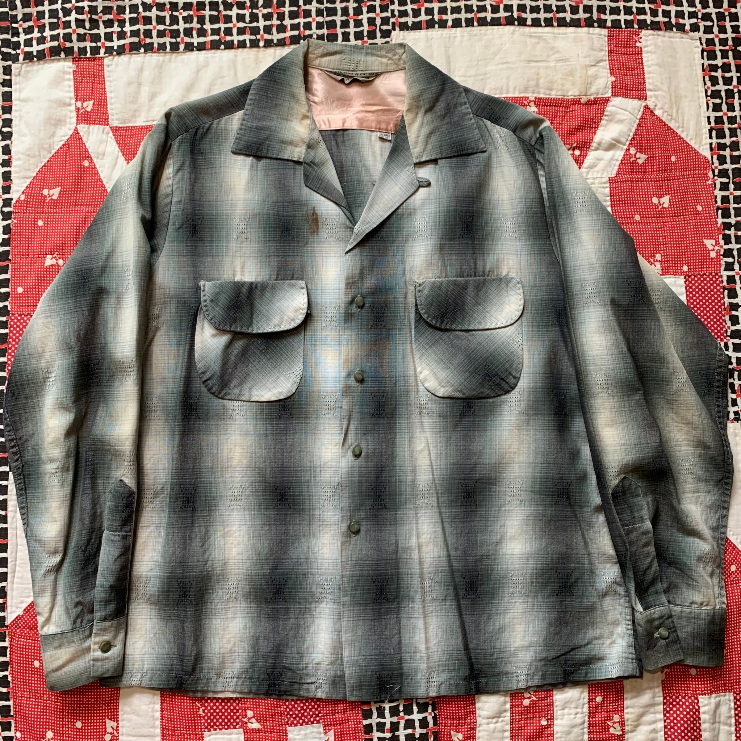 1950's Sportsman of Hollywood Shadow Plaid Rayon Loop Collar Shirt Large