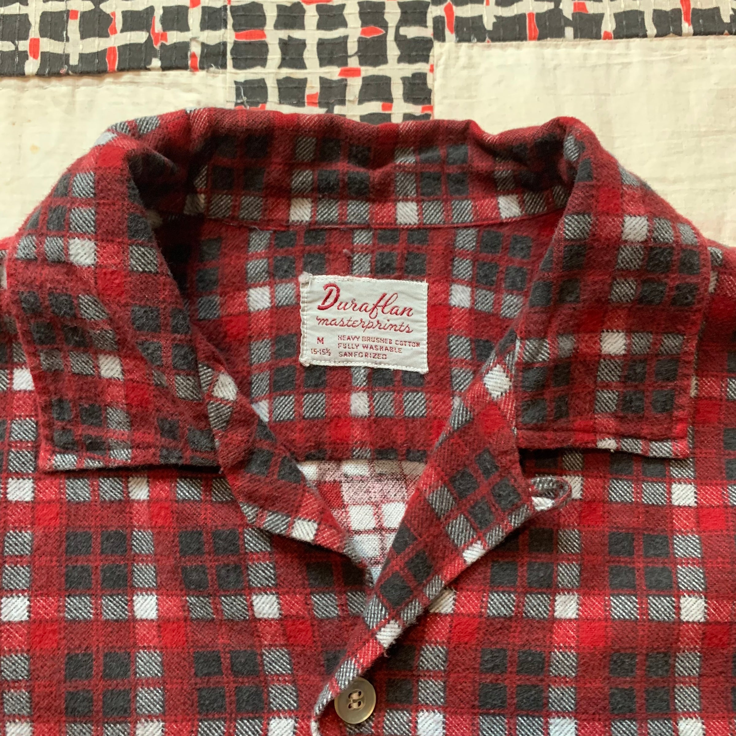 1960's Duraflan Printed Plaid Loop Collar Cotton Flannel Shirt Medium