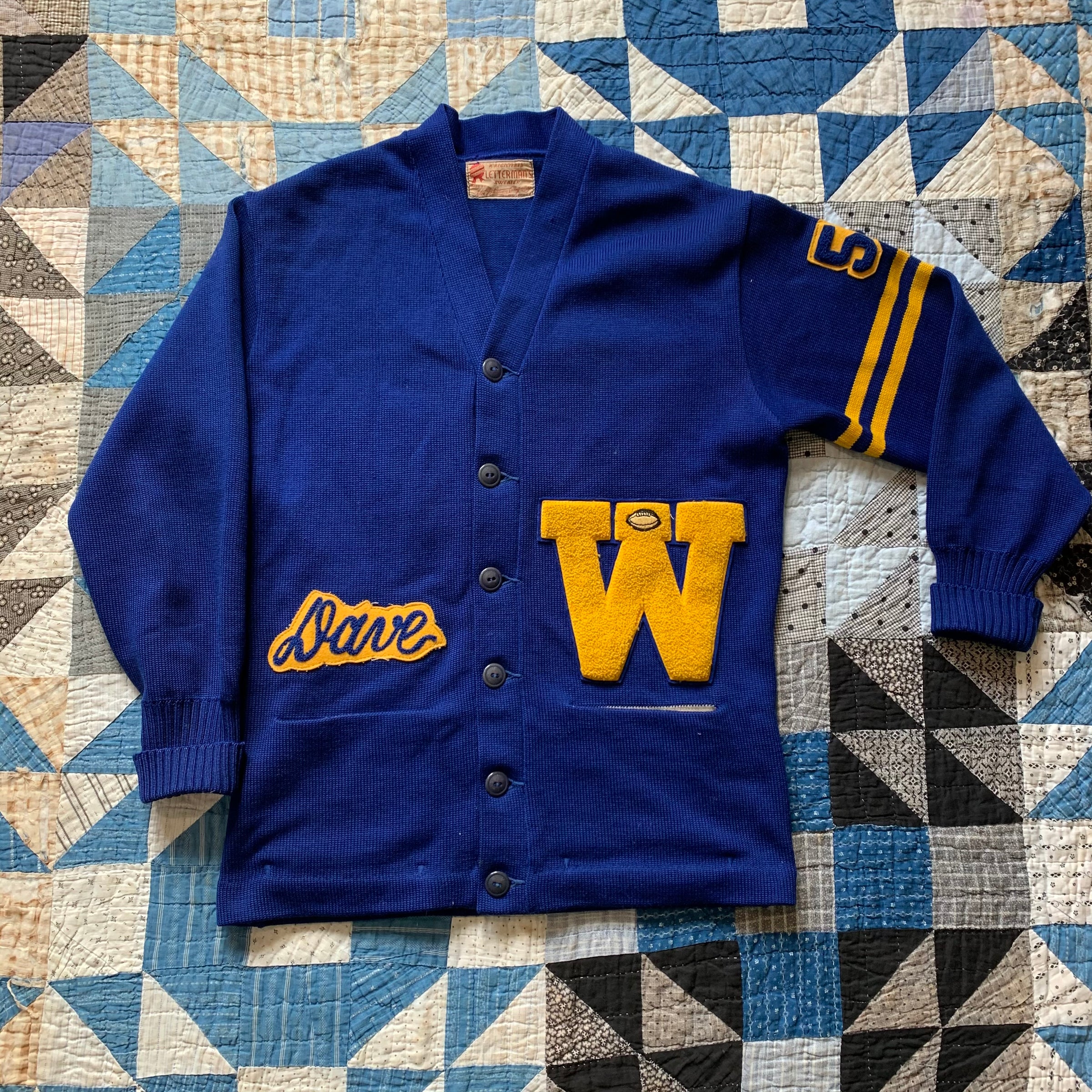 1950's Deep Blue Bulldog Patch Varsity Cardigan Sweater Medium