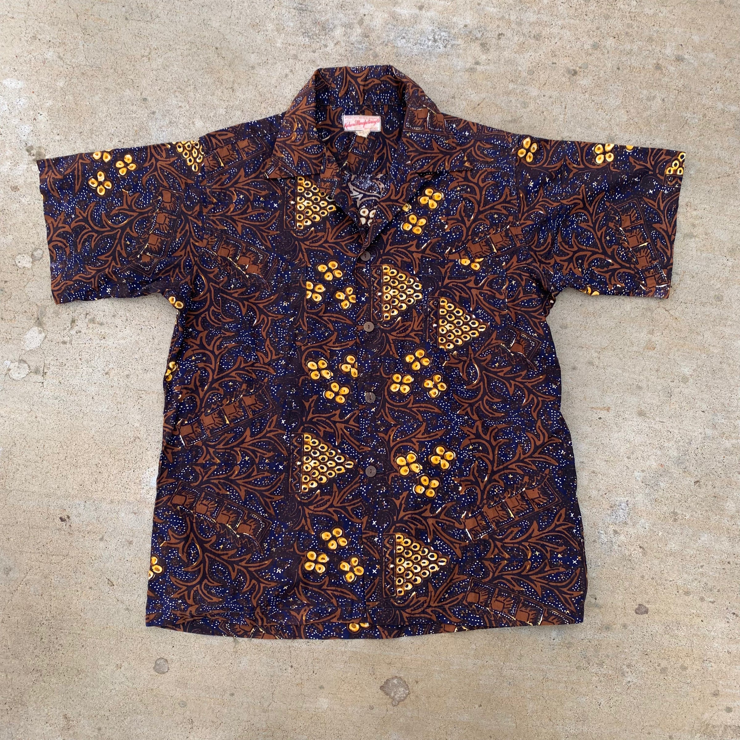 1950’s Kahana Brown Floral Cotton Hawaiian Loop Collar Shirt Large