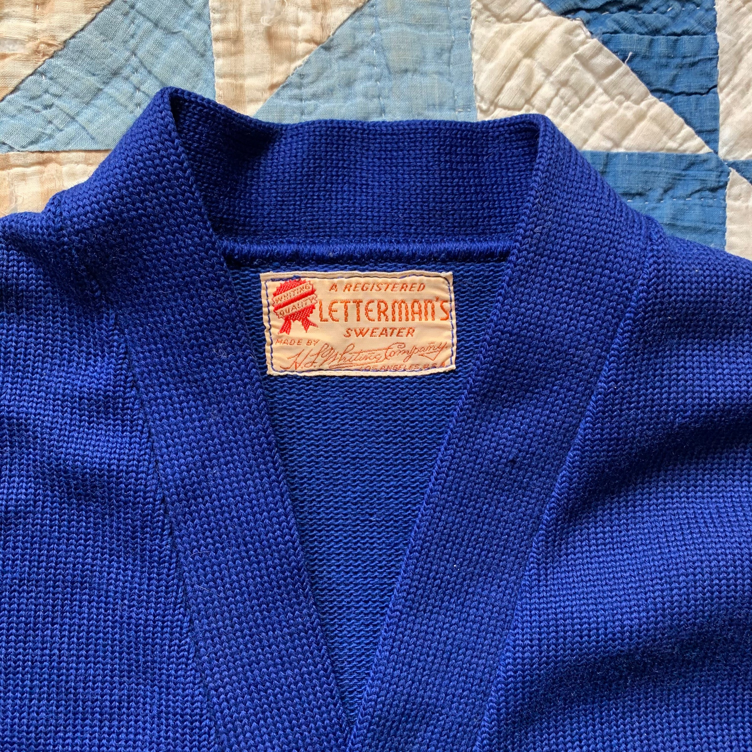 1950's Deep Blue Bulldog Patch Varsity Cardigan Sweater Medium