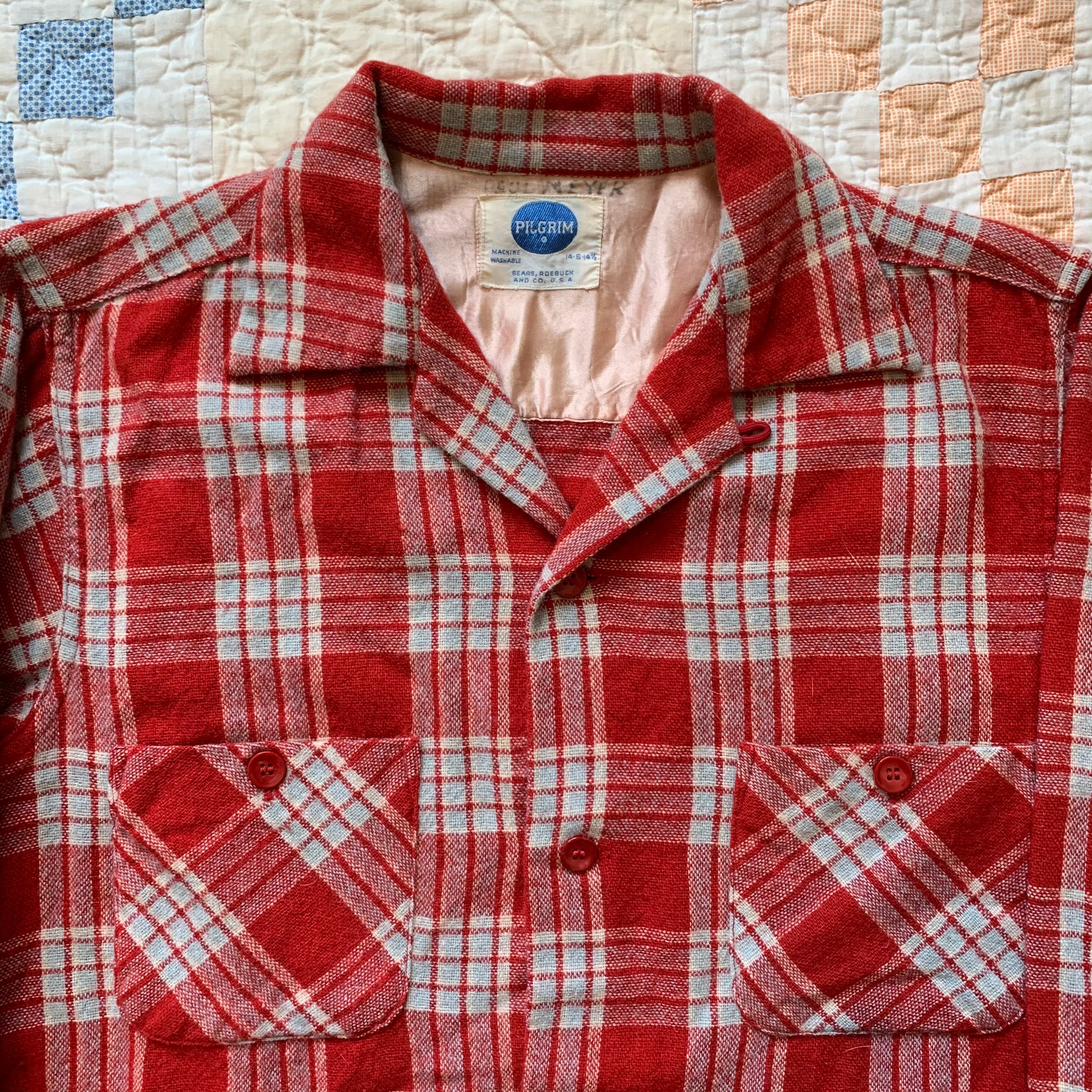 1950's Pilgrim Wool Blend Plaid Loop Collar Shirt S/M