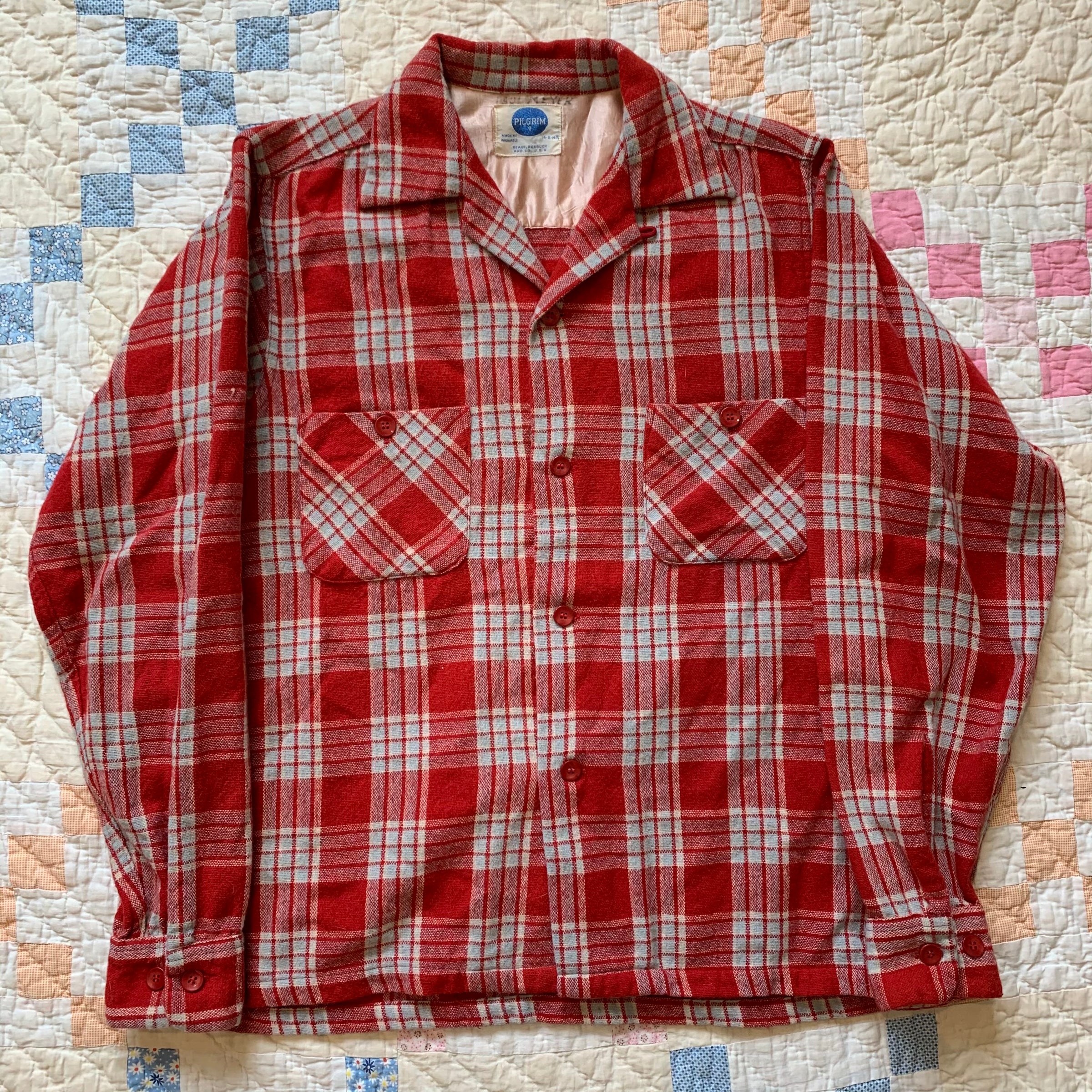 1950's Pilgrim Wool Blend Plaid Loop Collar Shirt S/M