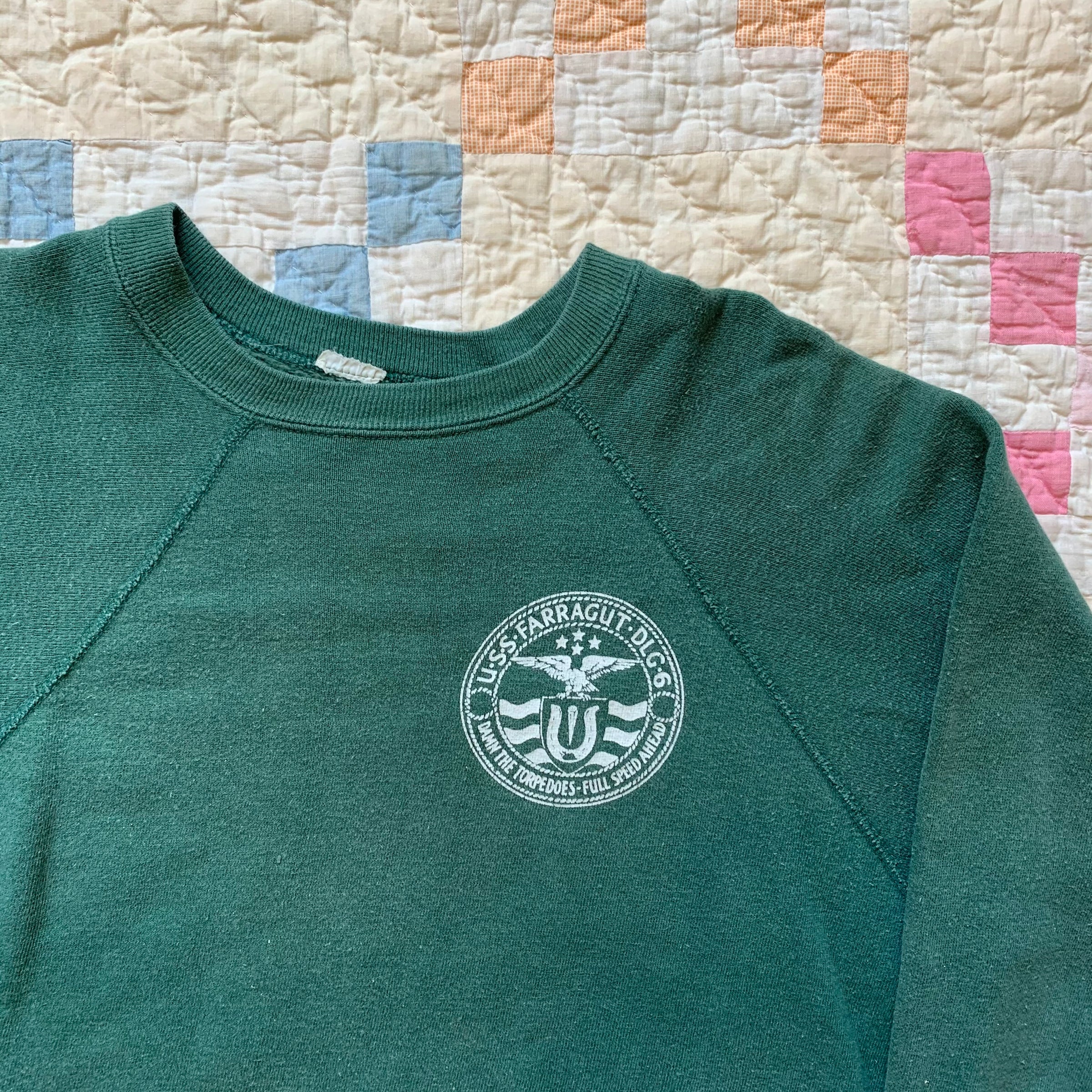 1960's/70's Forest Green USN Guided Missile Destroyer Raglan Sweatshirt S/M