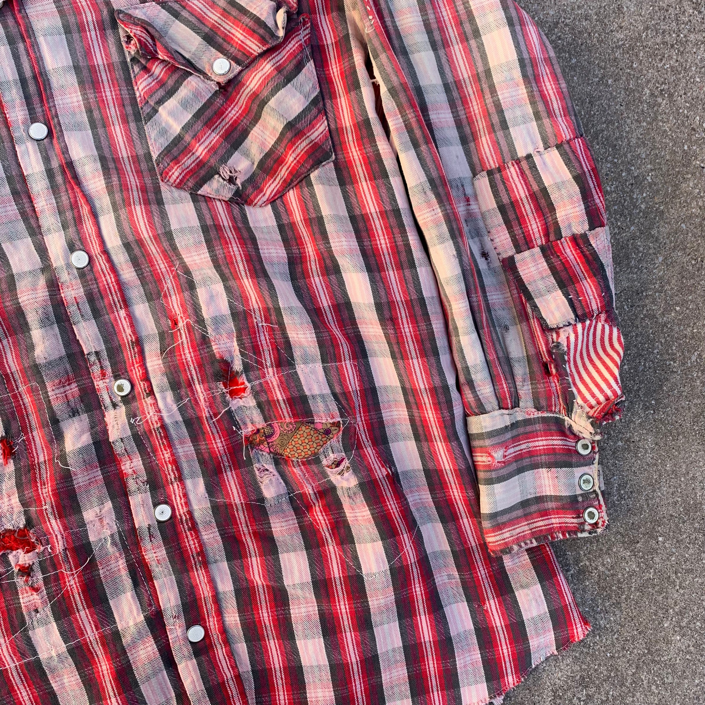 1950’s Prior Red Plaid Repaired Western Cotton Flannel Shirt Large