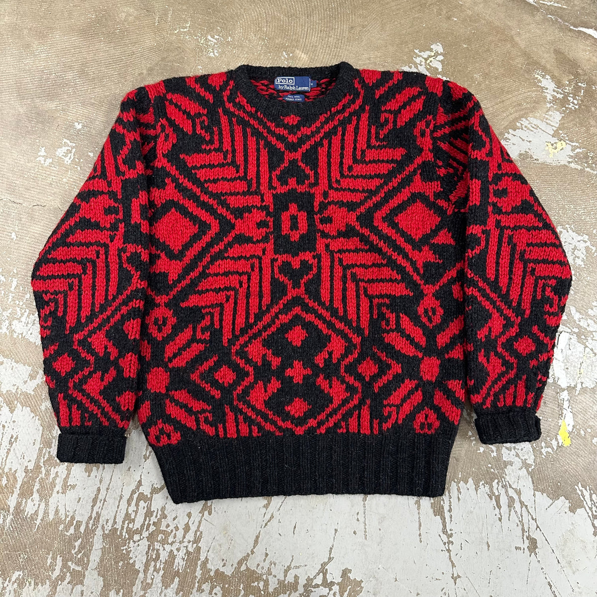 1990’s Polo Black and Red Hand Knit Wool Sweater Medium