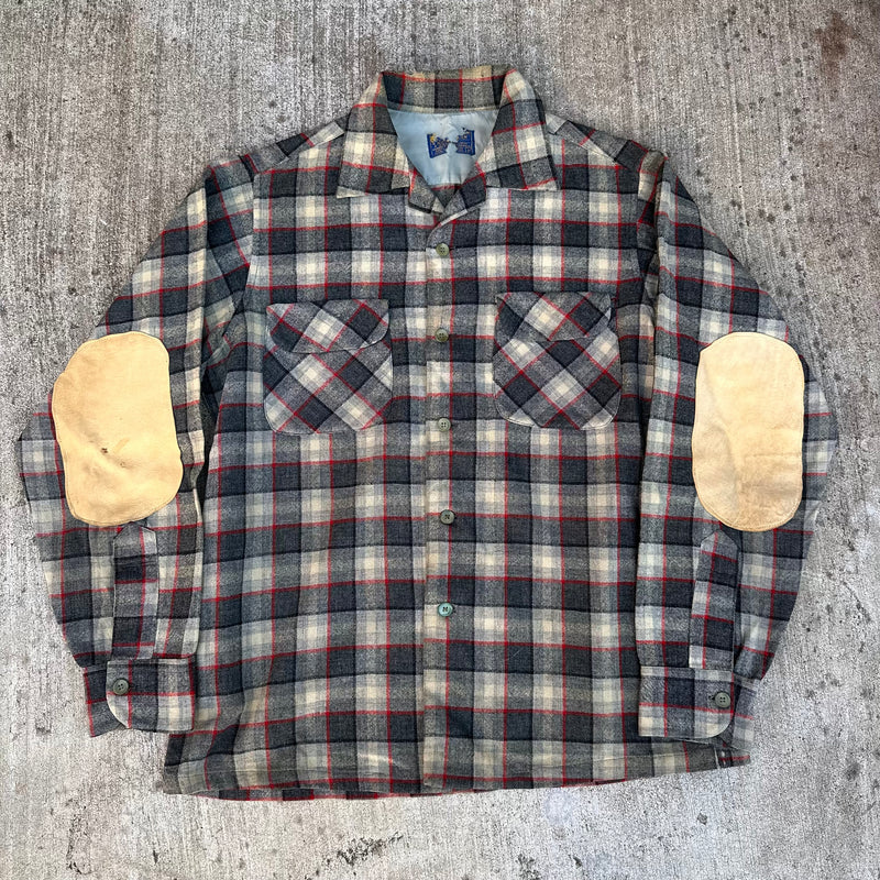 1960’s Pendleton Leather Elbow Patched Wool Plaid Board Shirt Medium