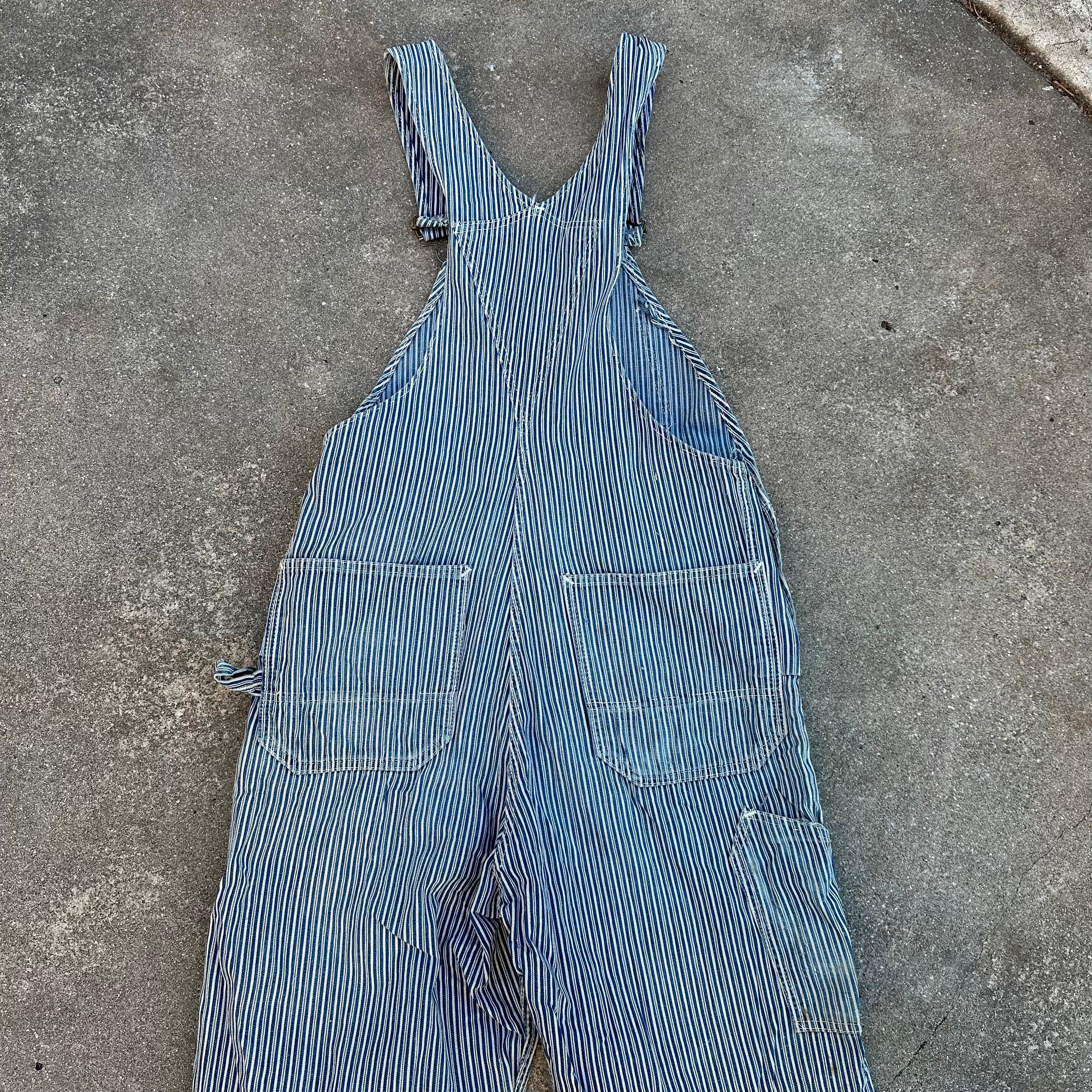 1940’s Thrashed Round House Hickory Stripe Overalls 34” Waist