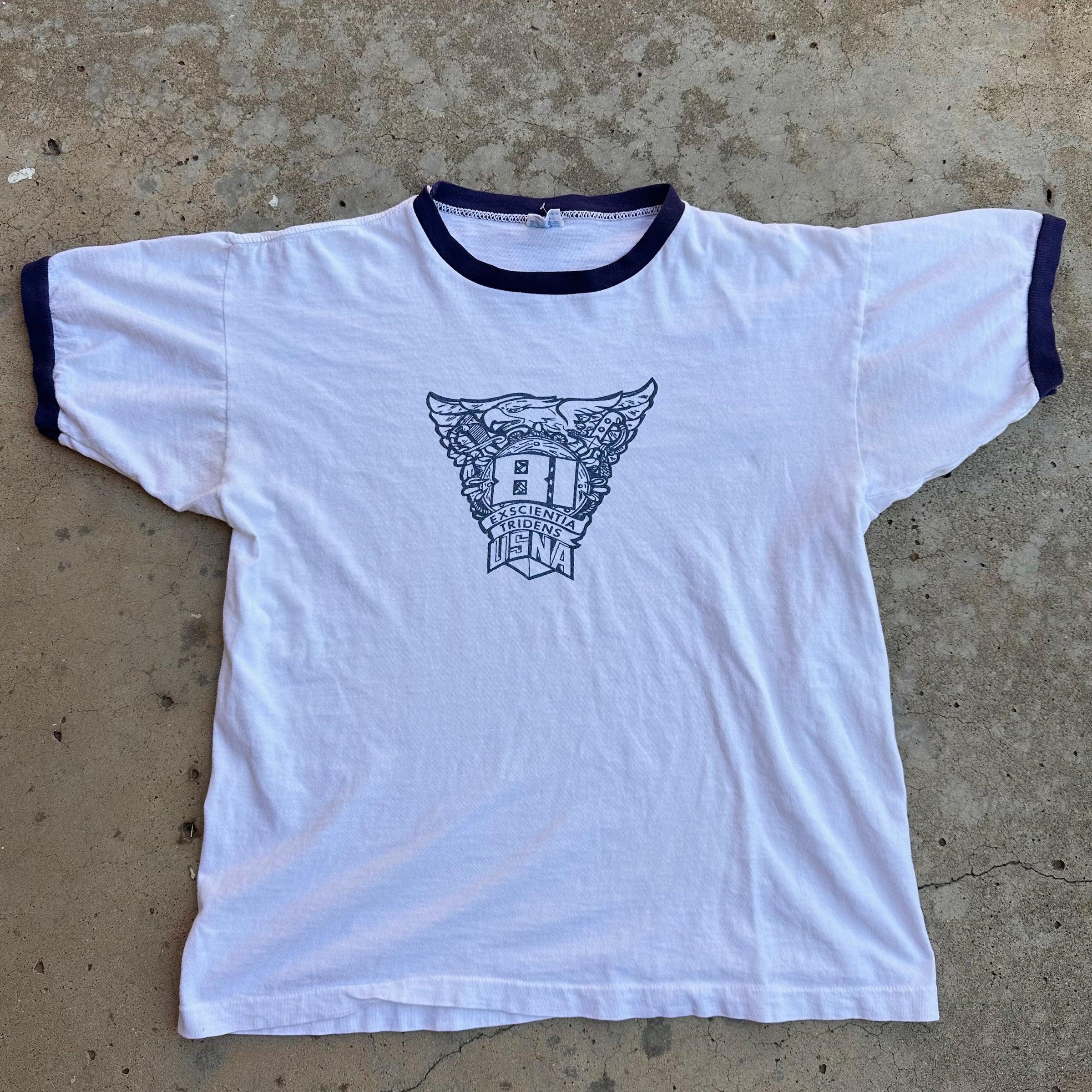 1980’s US Naval Academy Champion Blue Bar Water Print Ringer T-Shirt Medium