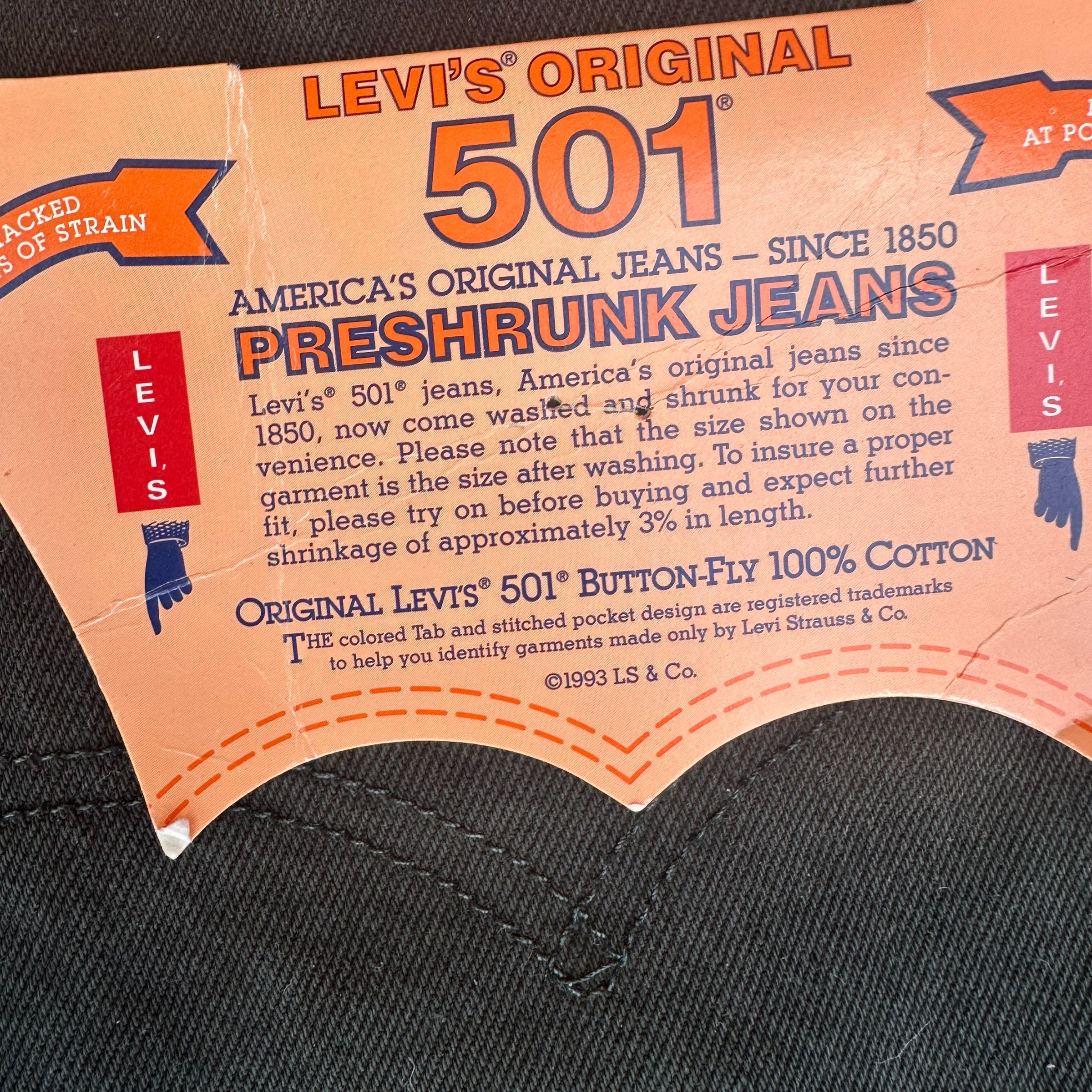 1990’s Deadstock Levi’s 501 Made in USA Green Denim Jeans 36” Waist