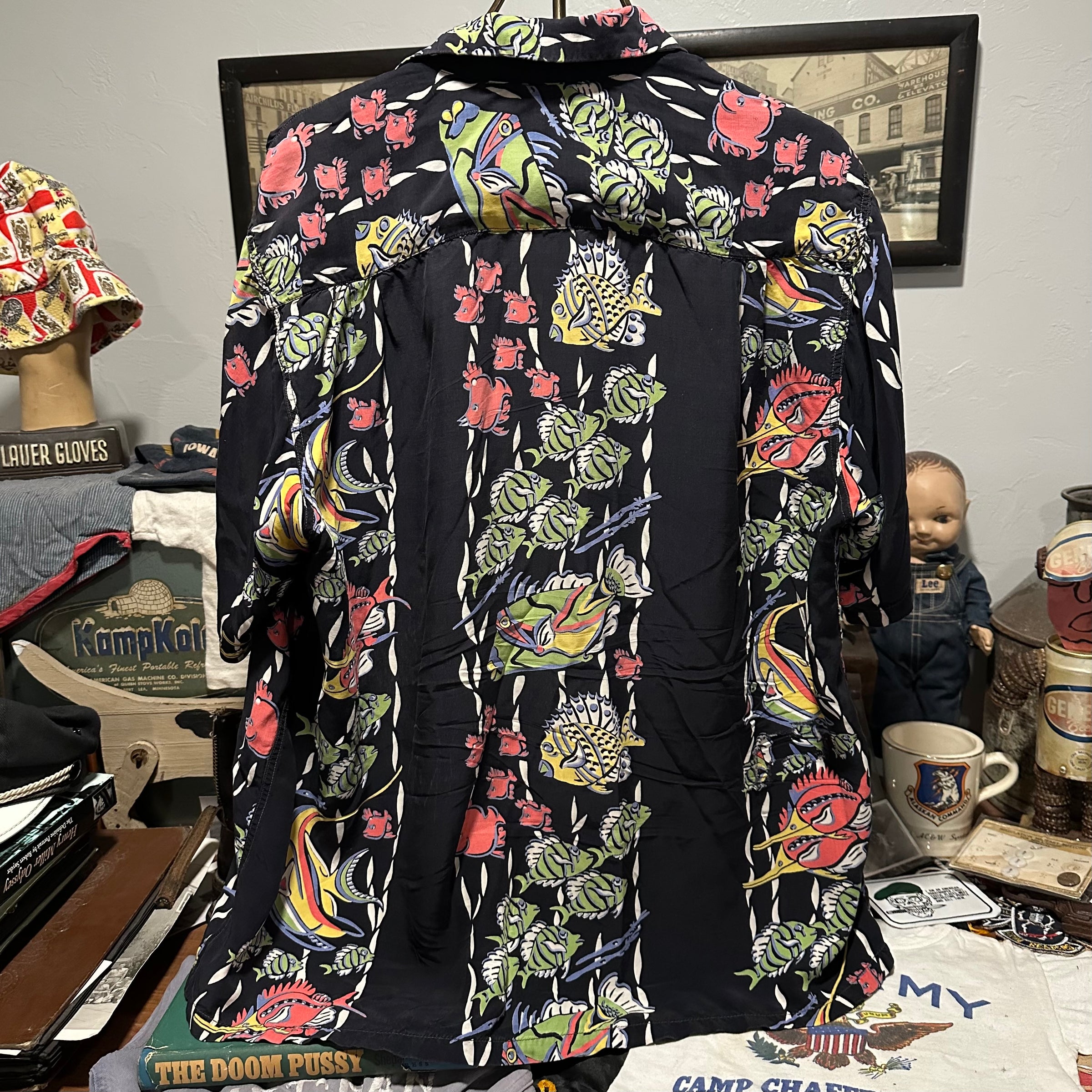 1940’s The Kahala Black Base Rayon Hawaiian Shirt Large