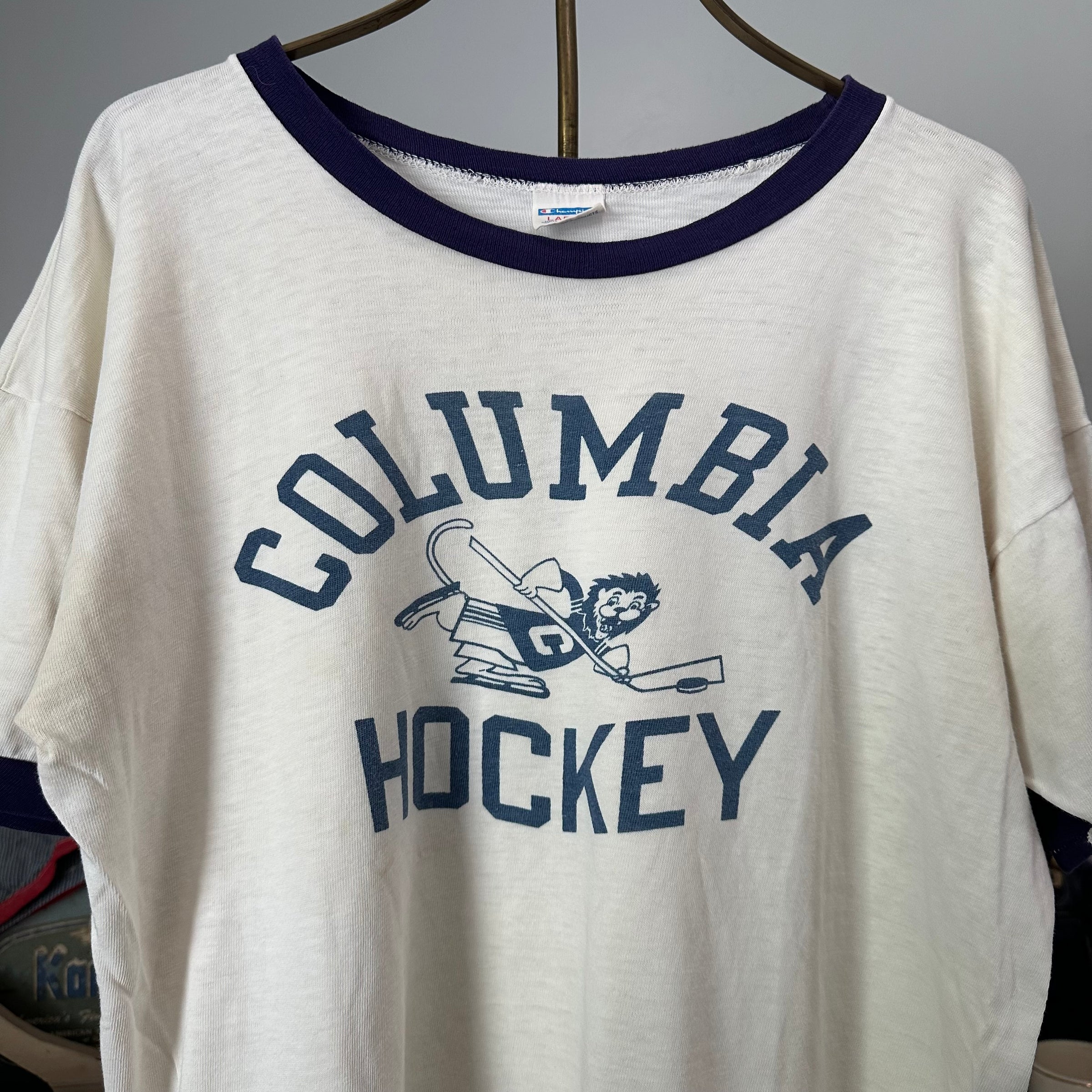 1970’s Columbia Hockey Water Print Champion Blue Bar Ringer T-Shirt Large
