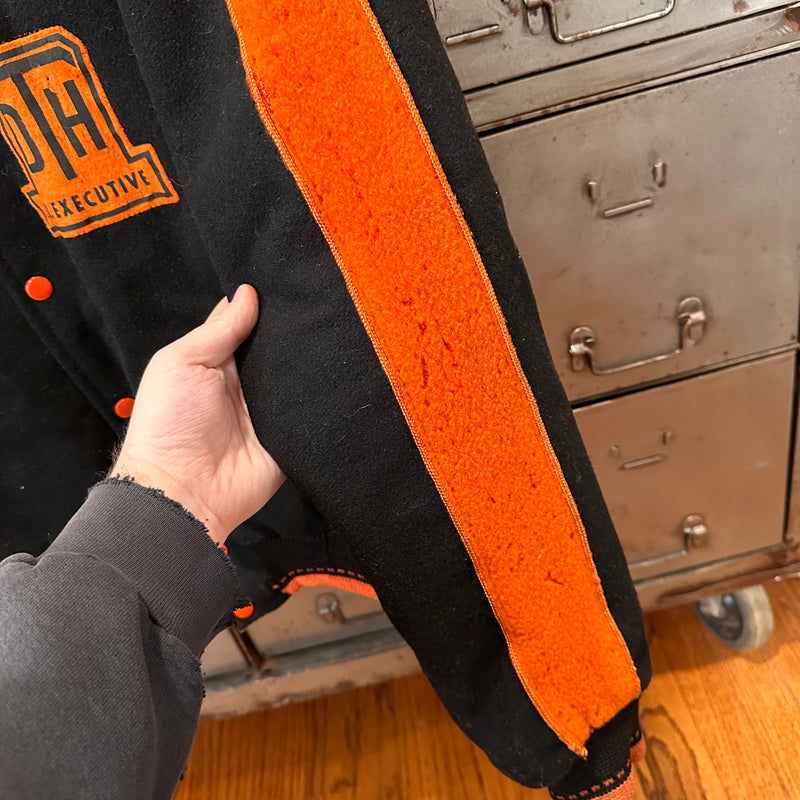 1950’s Patched Reversible Orange and Black Varsity Jacket 25” Chest