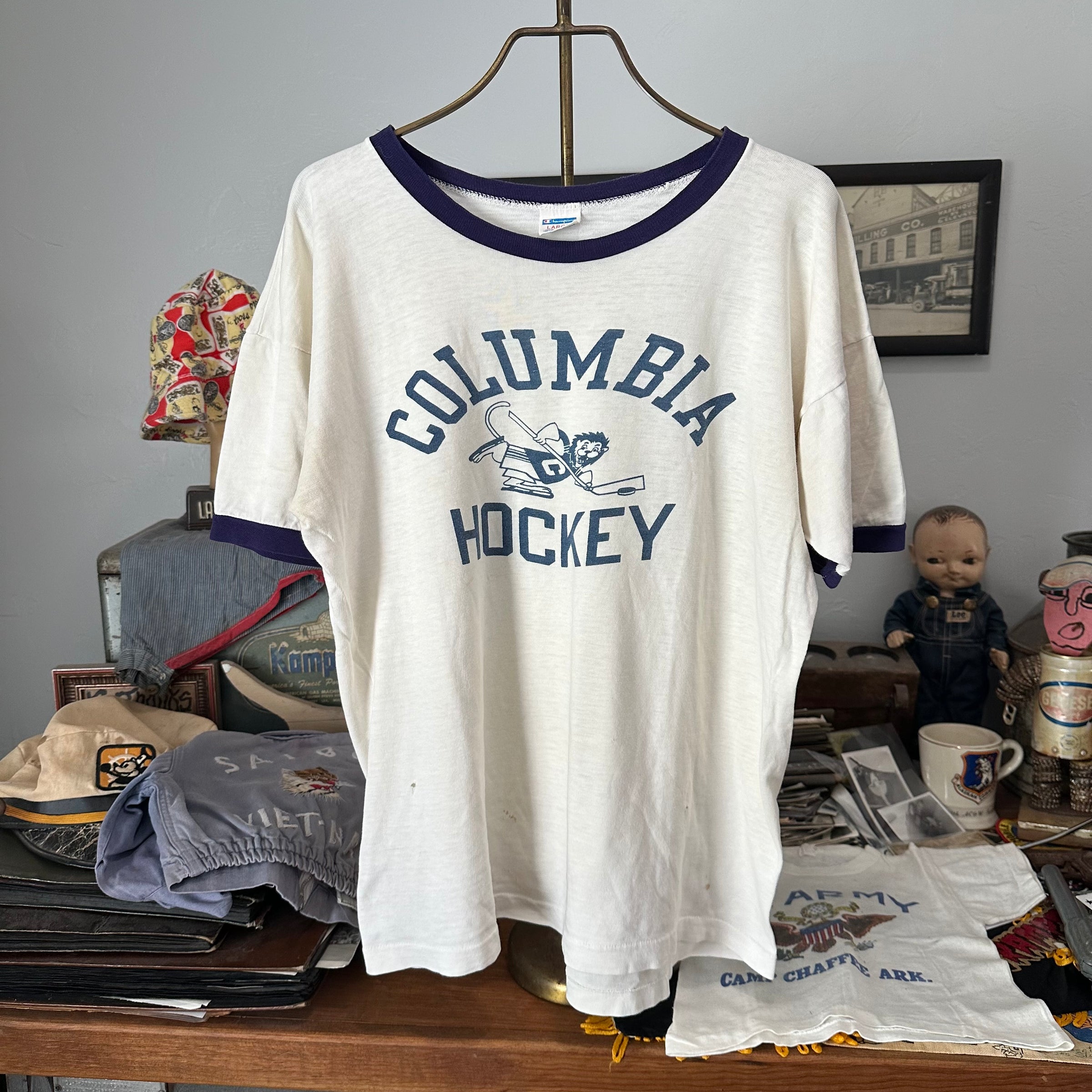 1970’s Columbia Hockey Water Print Champion Blue Bar Ringer T-Shirt Large