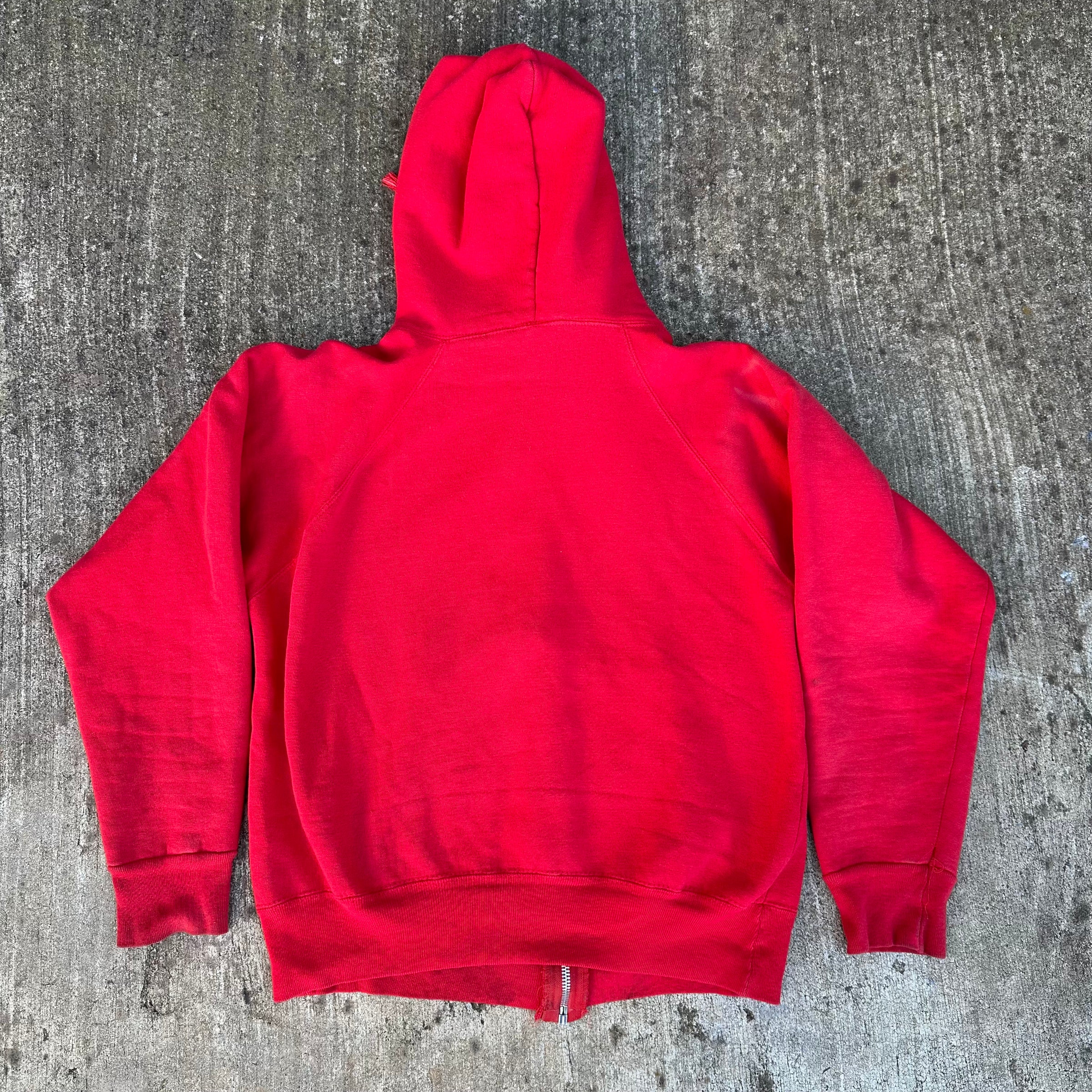 1970’s Faded Red Cotton Zip Up Hooded Sweatshirt Small