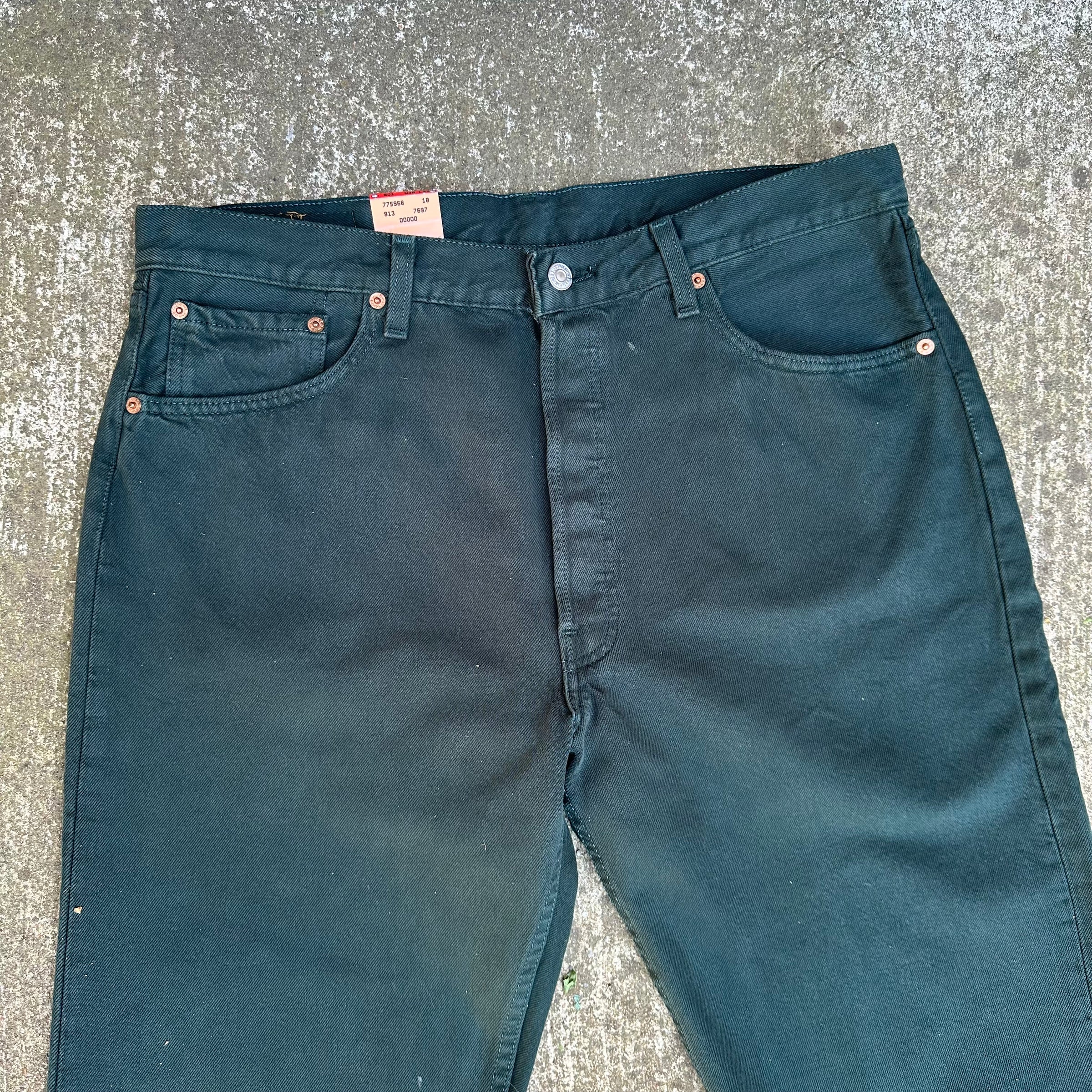 1990’s Deadstock Levi’s 501 Made in USA Green Denim Jeans 36” Waist