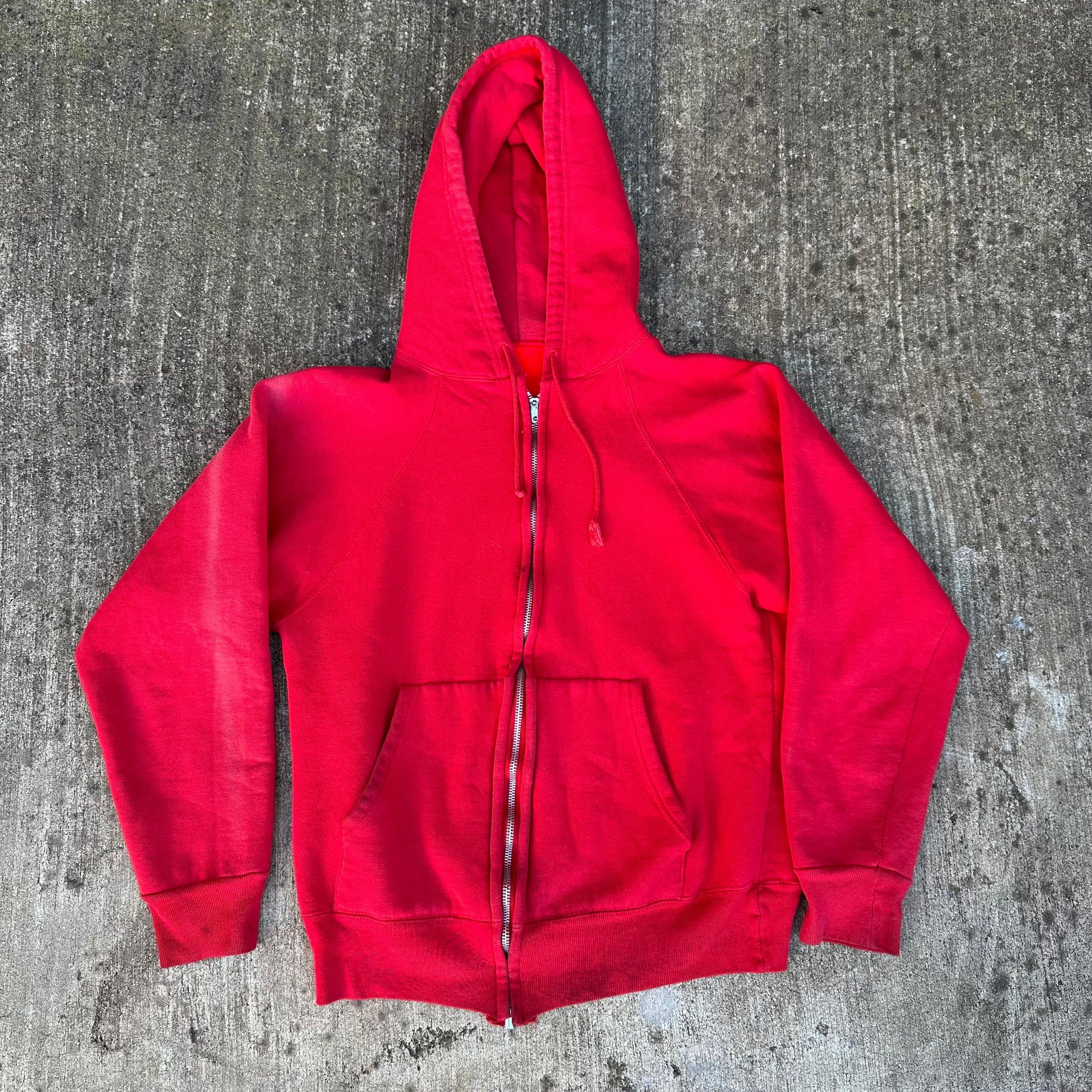 1970’s Faded Red Cotton Zip Up Hooded Sweatshirt Small