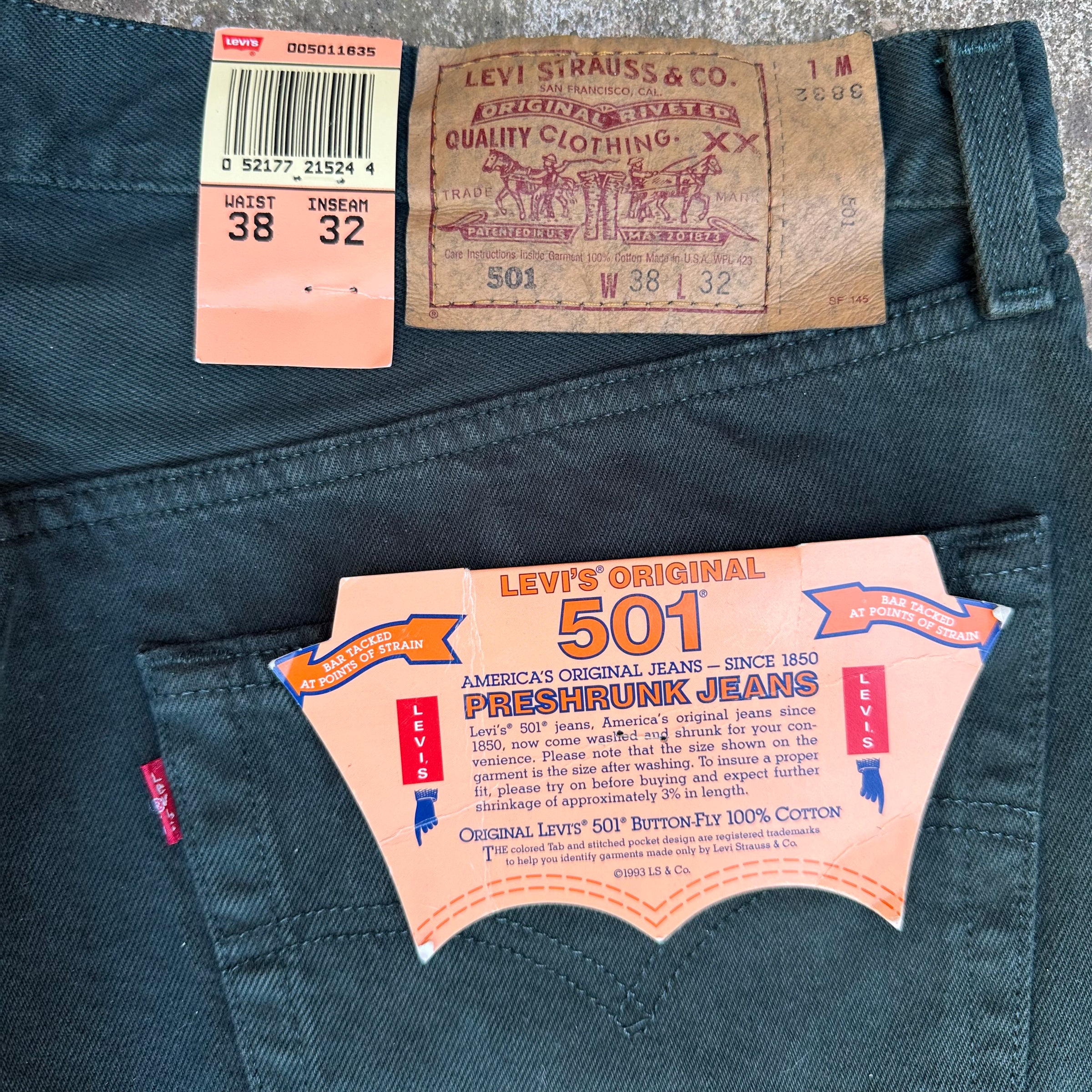1990’s Deadstock Levi’s 501 Made in USA Green Denim Jeans 36” Waist