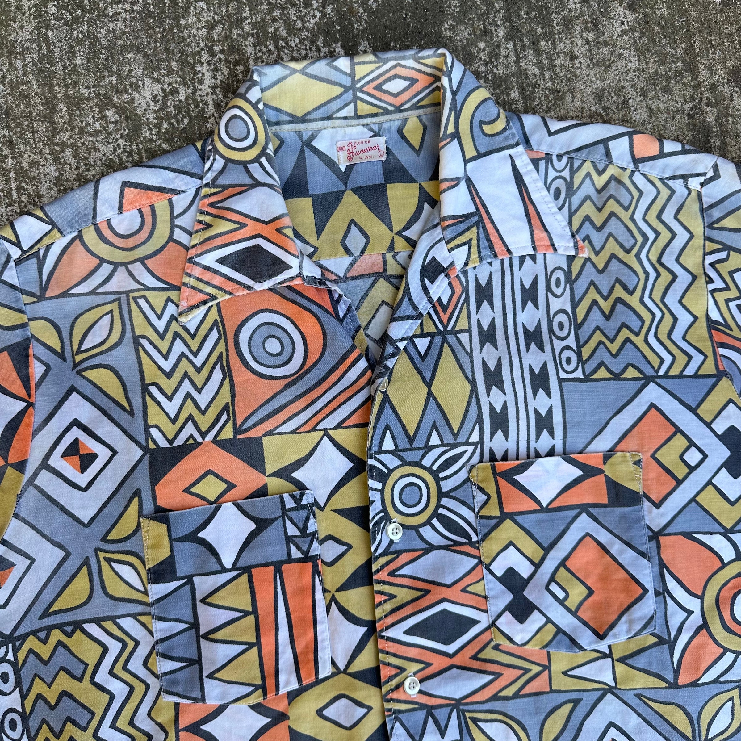 1950’s Florida Sportswear Abstract Patterned Cotton Open Collar Shirt Large
