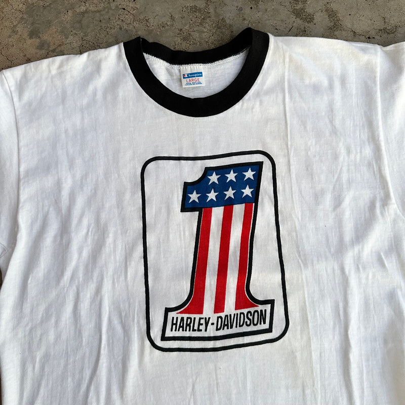1970’s Deadstock Champion Blue Bar Harley Davidson Ringer T-Shirt Large