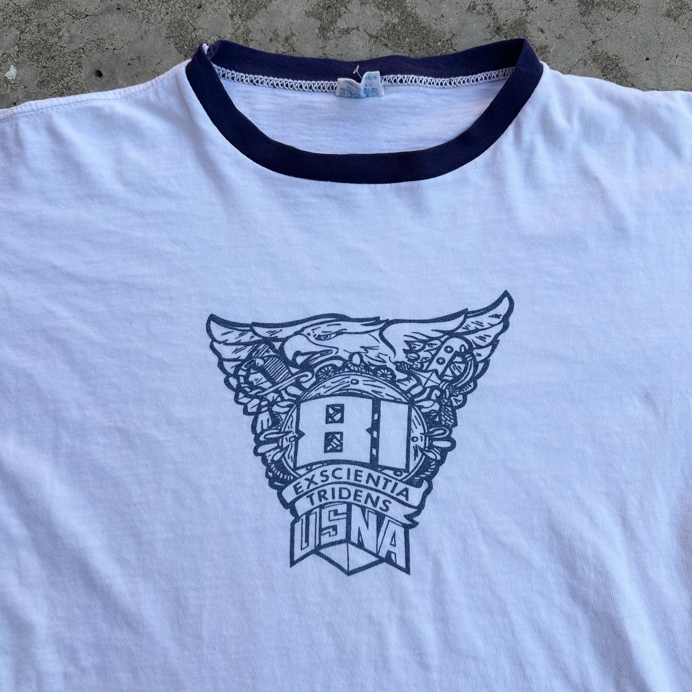 1980’s US Naval Academy Champion Blue Bar Water Print Ringer T-Shirt Medium